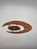 MCM Atomic Boomerang Clock Custom Hand Made Mahogany, Curly Walnut, Brass, Symmetrical Curves