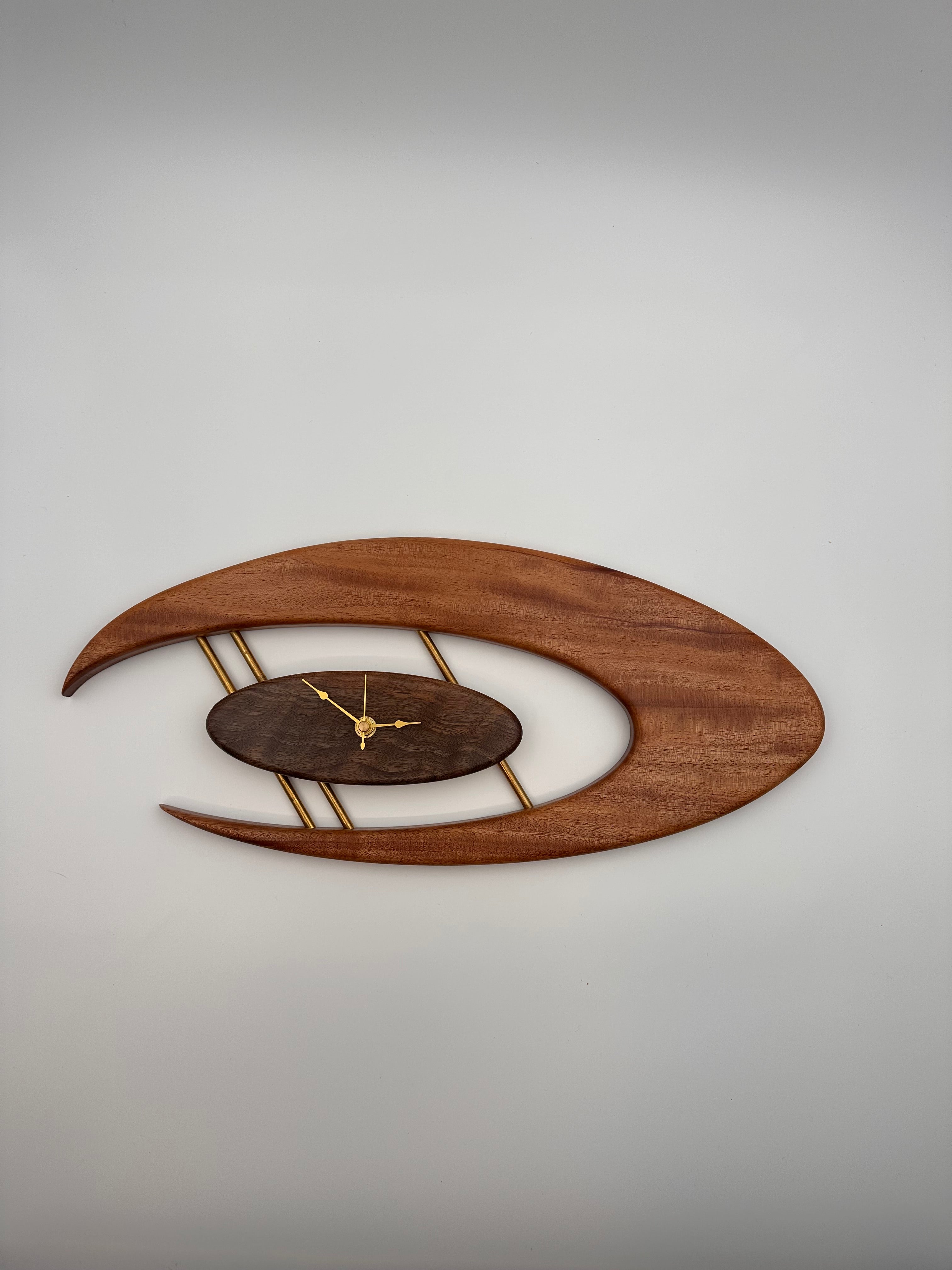 MCM Atomic Boomerang Clock Custom Hand Made Mahogany, Curly Walnut, Brass, Symmetrical Curves