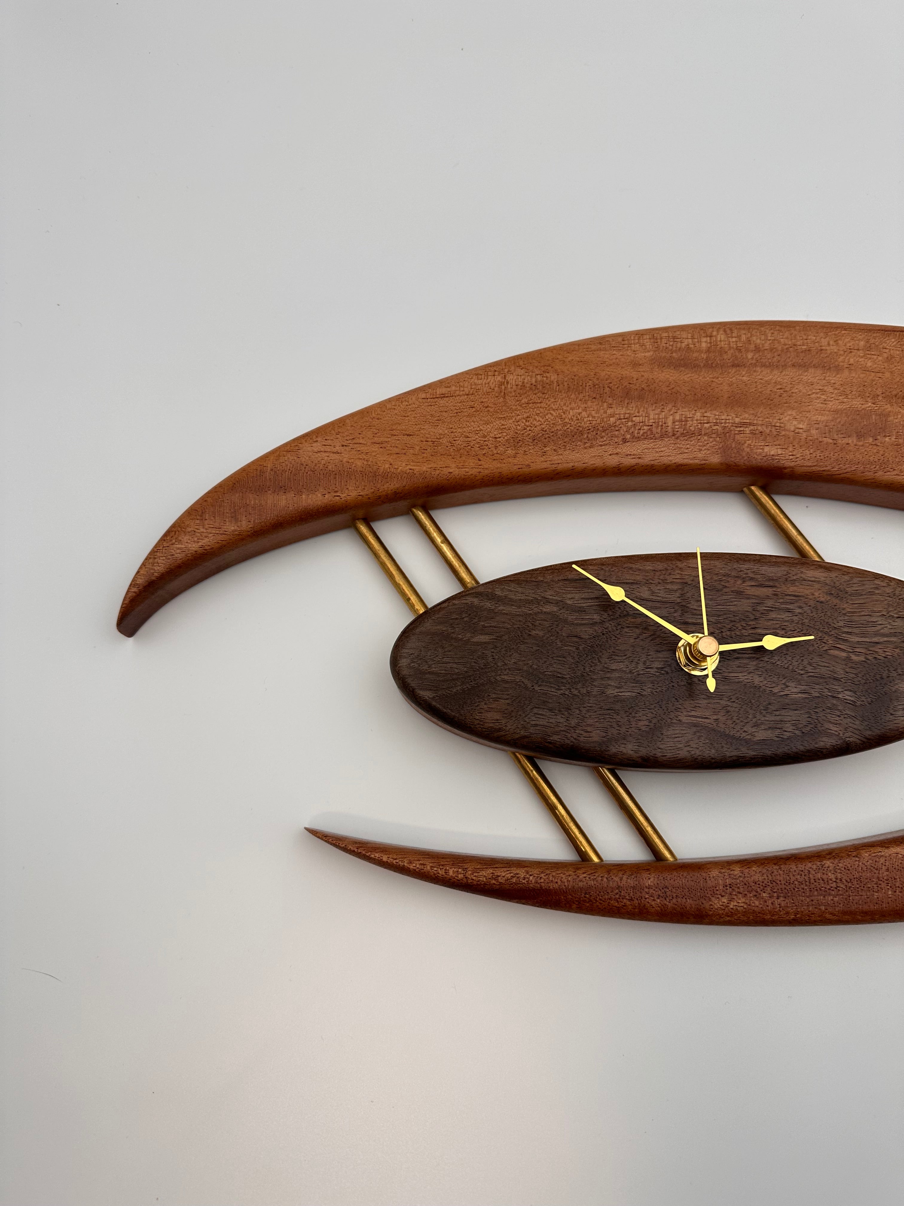 MCM Atomic Boomerang Clock Custom Hand Made Mahogany, Curly Walnut, Brass, Symmetrical Curves