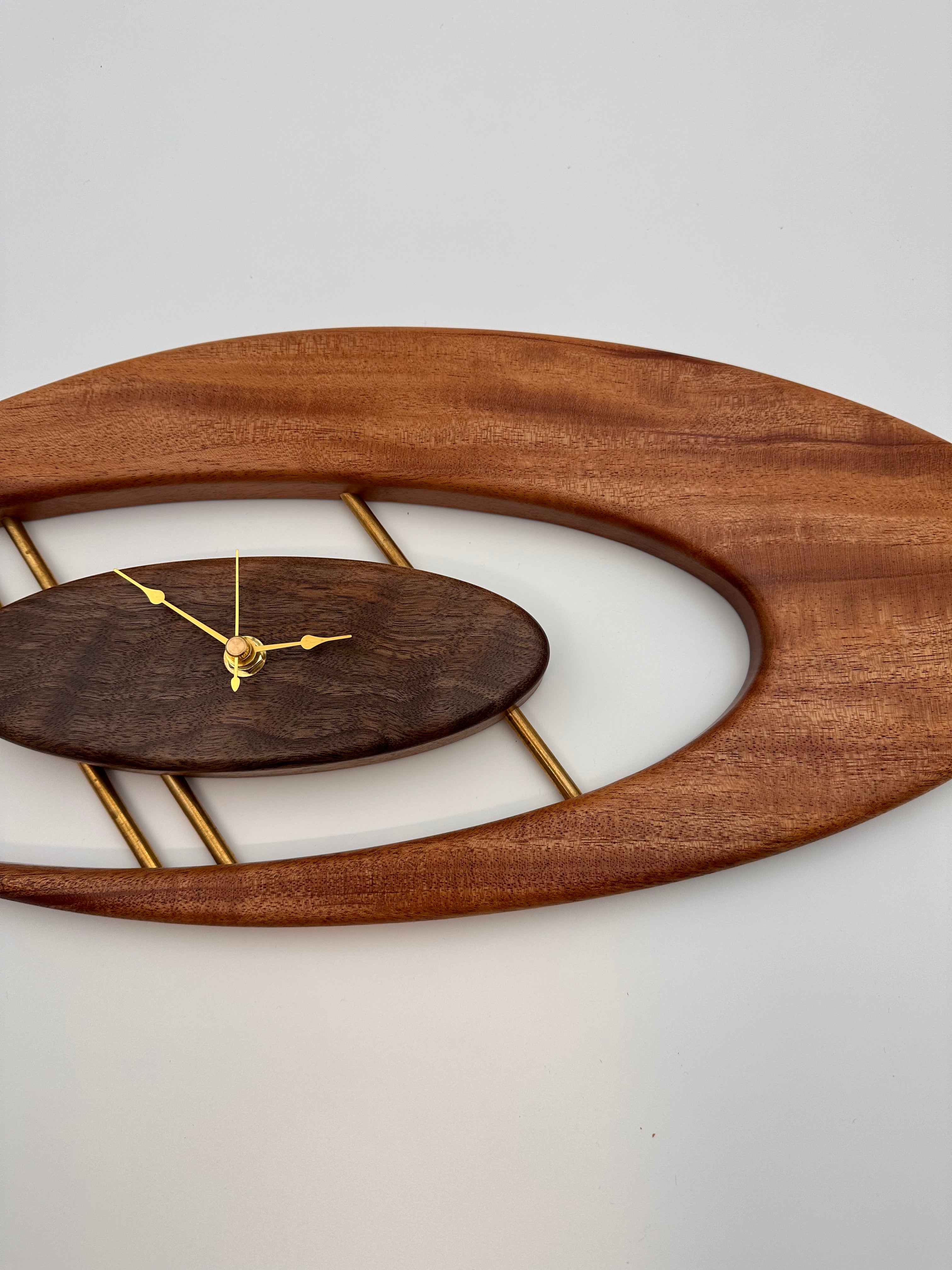 MCM Atomic Boomerang Clock Custom Hand Made Mahogany, Curly Walnut, Brass, Symmetrical Curves