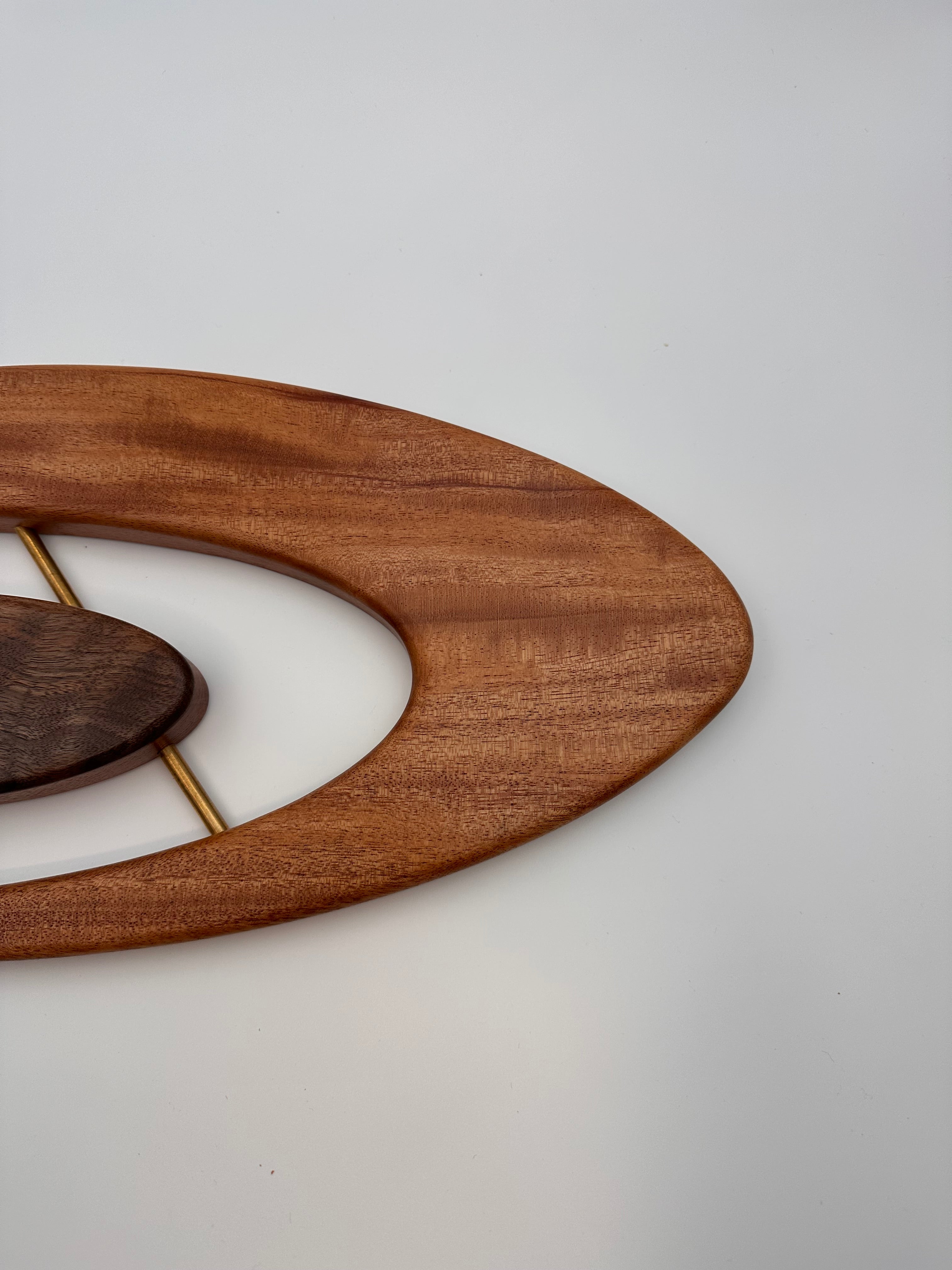 MCM Atomic Boomerang Clock Custom Hand Made Mahogany, Curly Walnut, Brass, Symmetrical Curves