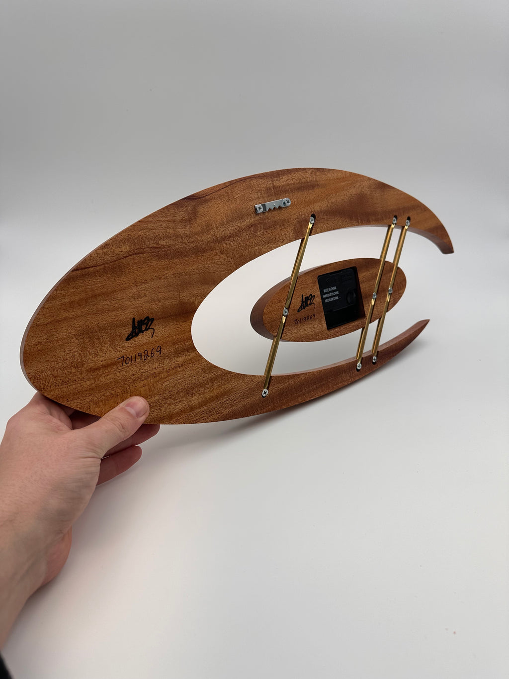 MCM Atomic Boomerang Clock Custom Hand Made Mahogany, Curly Walnut, Brass, Symmetrical Curves