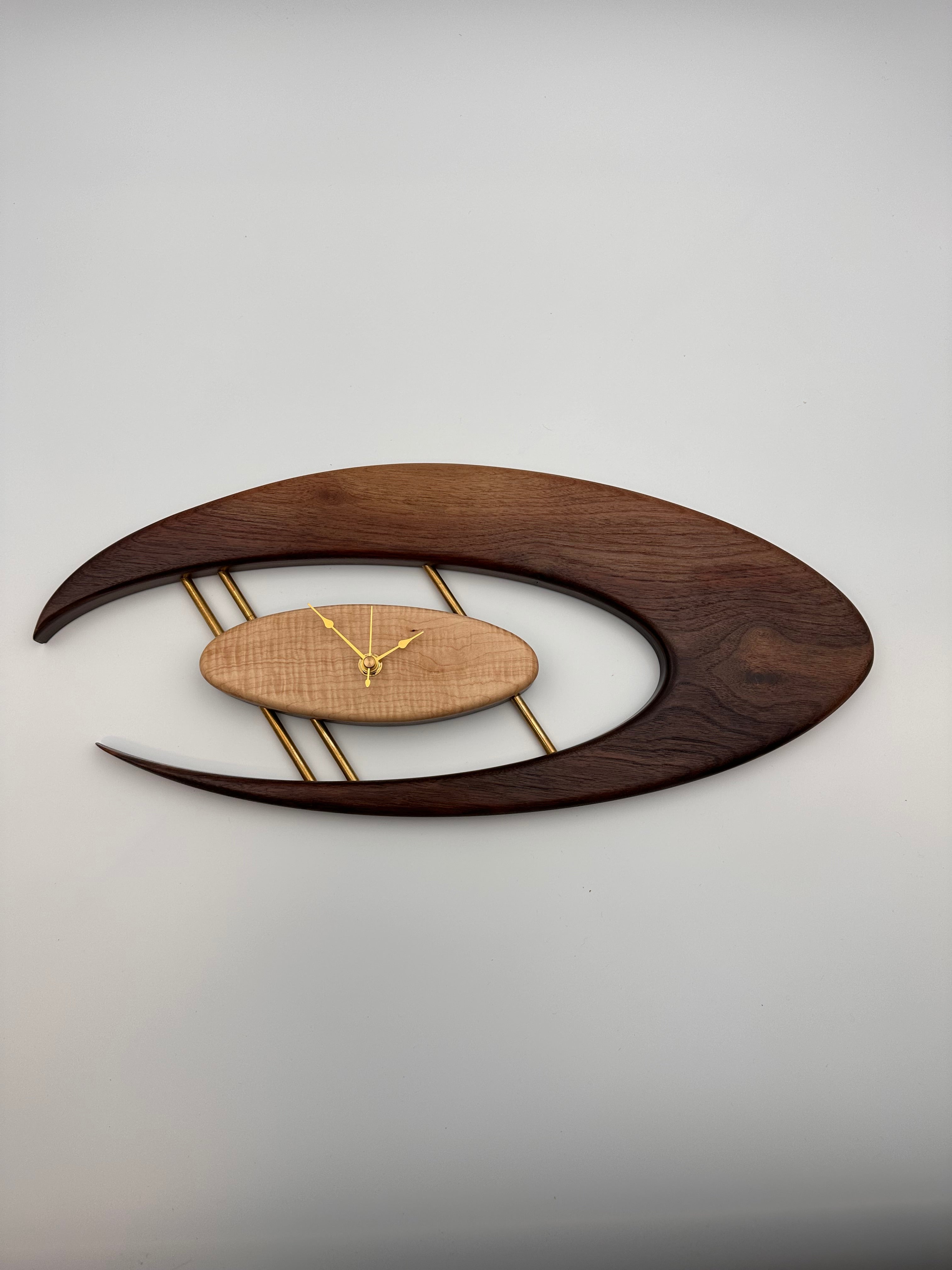 MCM Atomic Boomerang Clock Custom Hand Made Walnut, Curly Maple, Brass