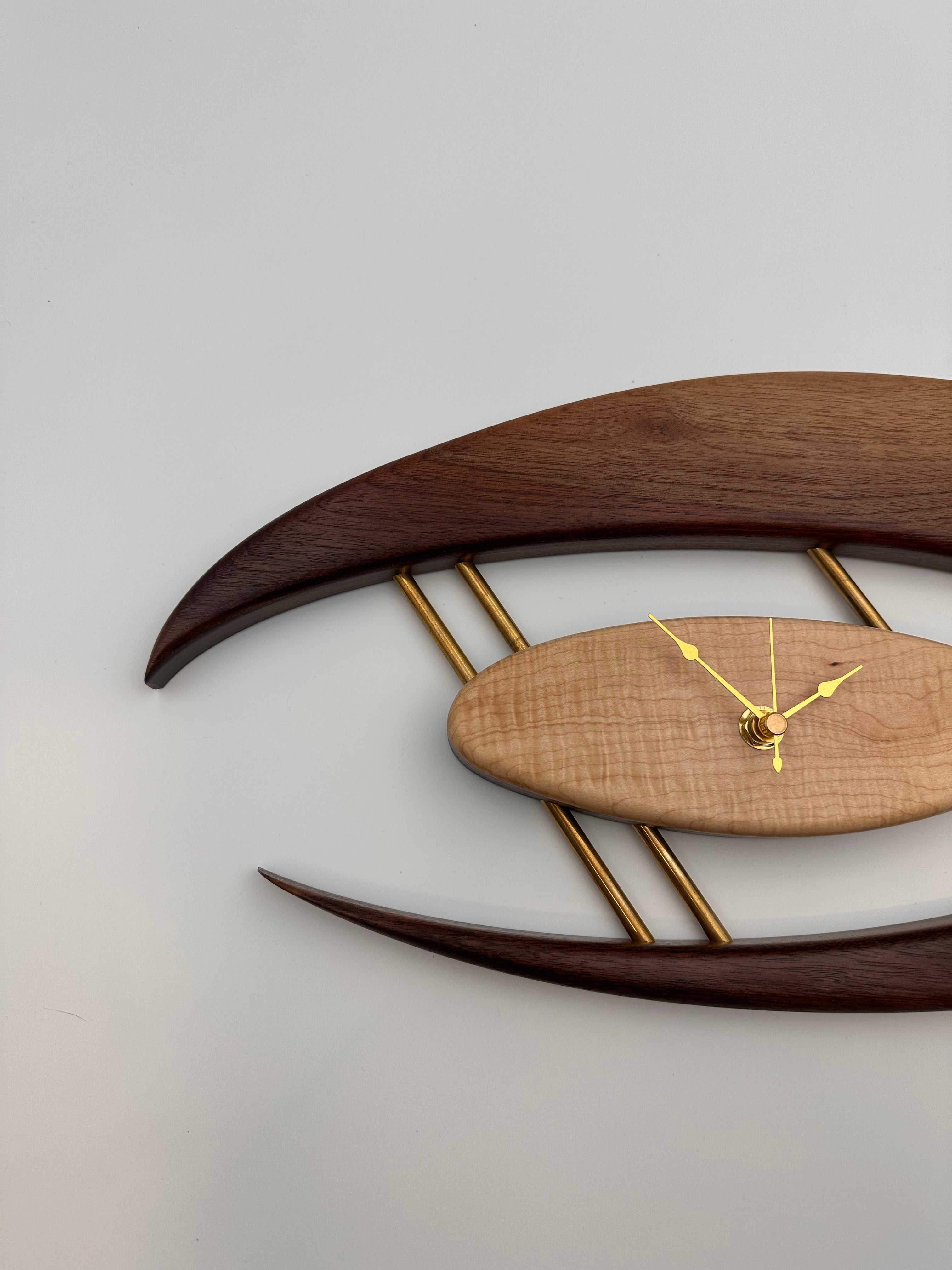 MCM Atomic Boomerang Clock Custom Hand Made Walnut, Curly Maple, Brass