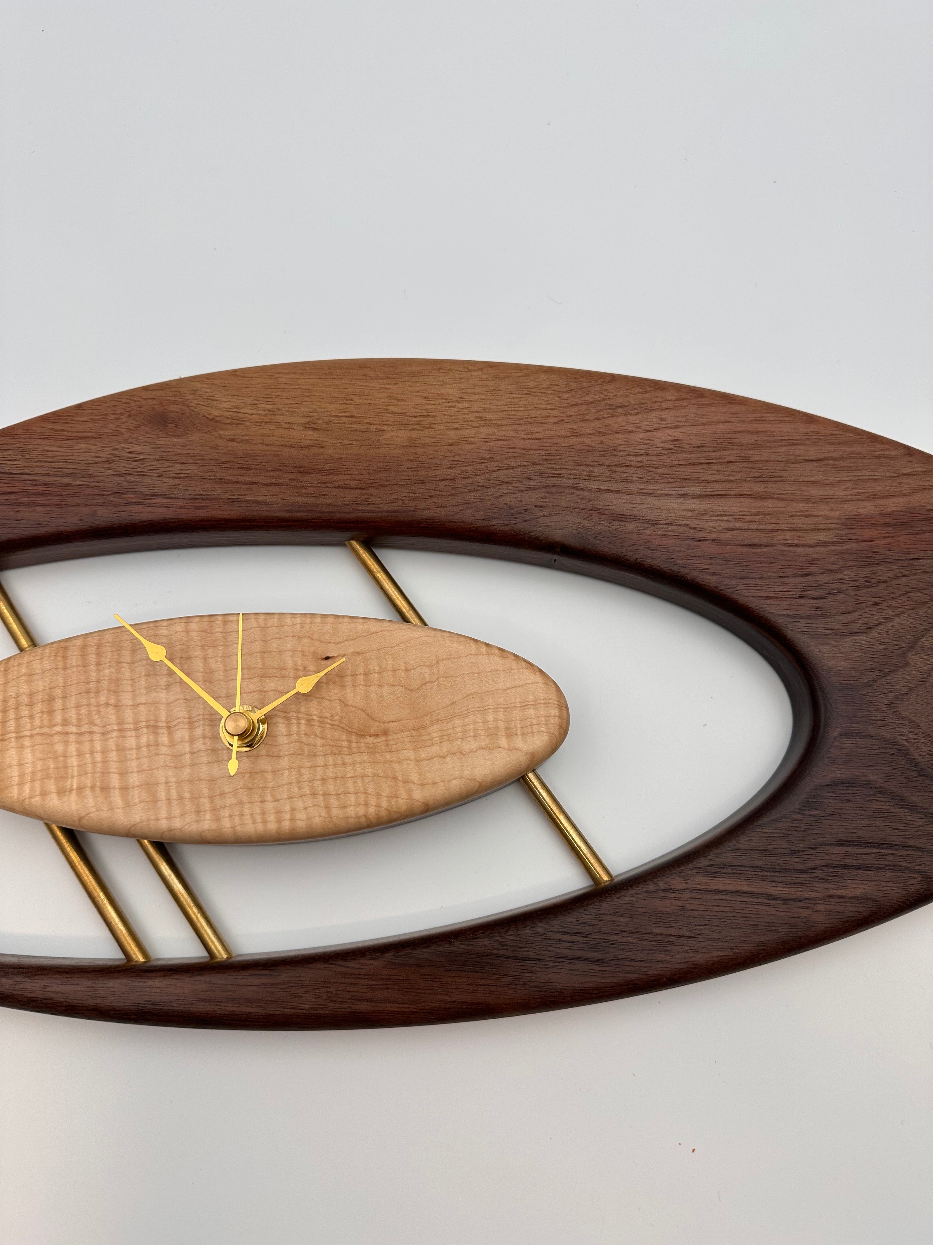 MCM Atomic Boomerang Clock Custom Hand Made Walnut, Curly Maple, Brass
