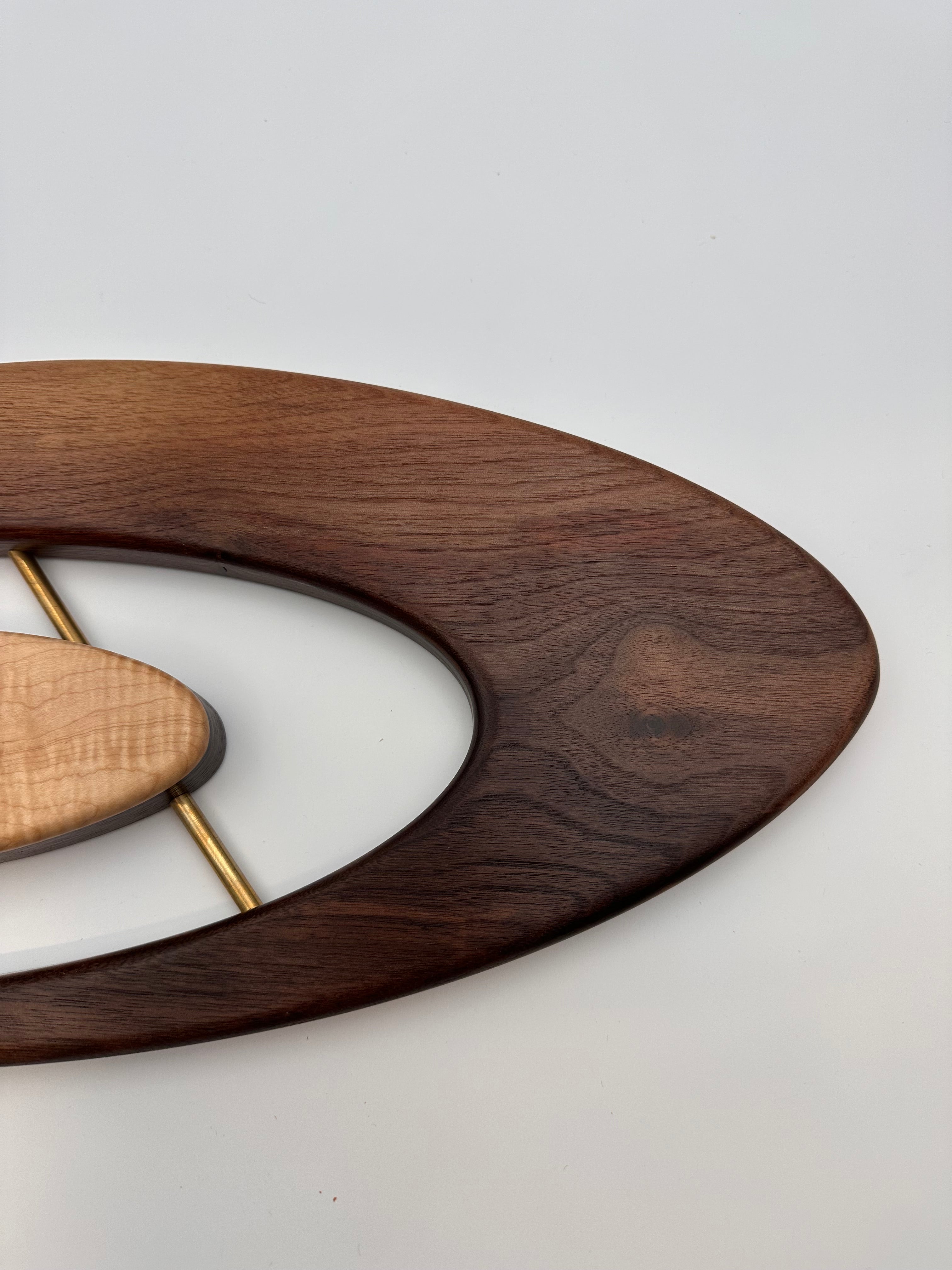 MCM Atomic Boomerang Clock Custom Hand Made Walnut, Curly Maple, Brass