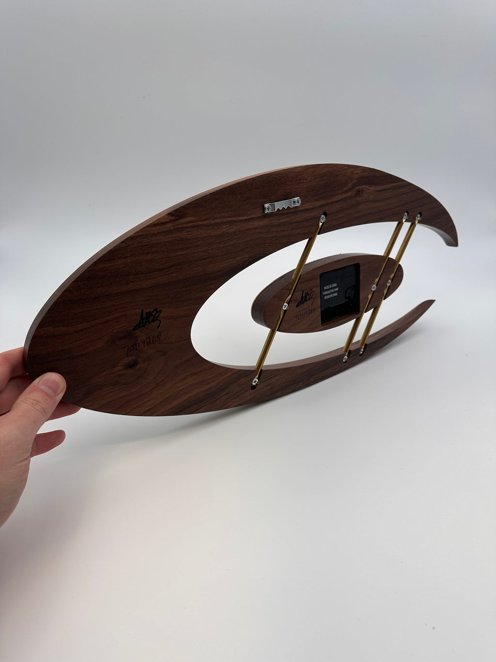 MCM Atomic Boomerang Clock Custom Hand Made Walnut, Curly Maple, Brass