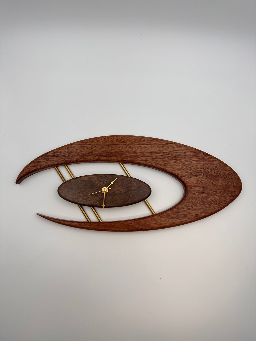 MCM Atomic Boomerang Clock Custom Hand Made Mahogany, Curly Walnut, Brass, Symmetrical Curves