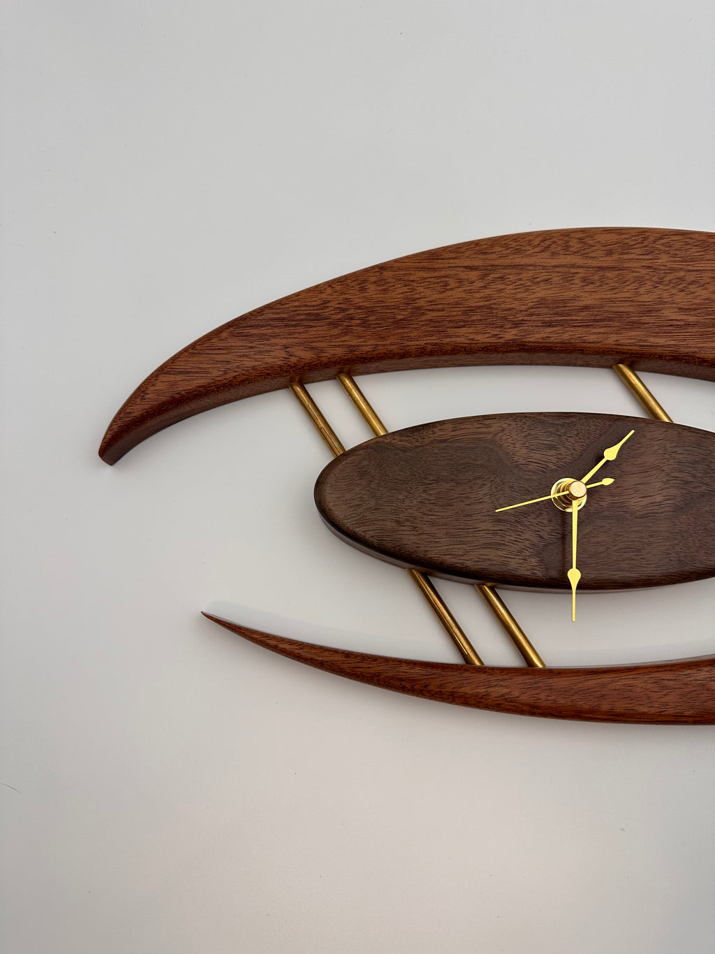 MCM Atomic Boomerang Clock Custom Hand Made Mahogany, Curly Walnut, Brass, Symmetrical Curves