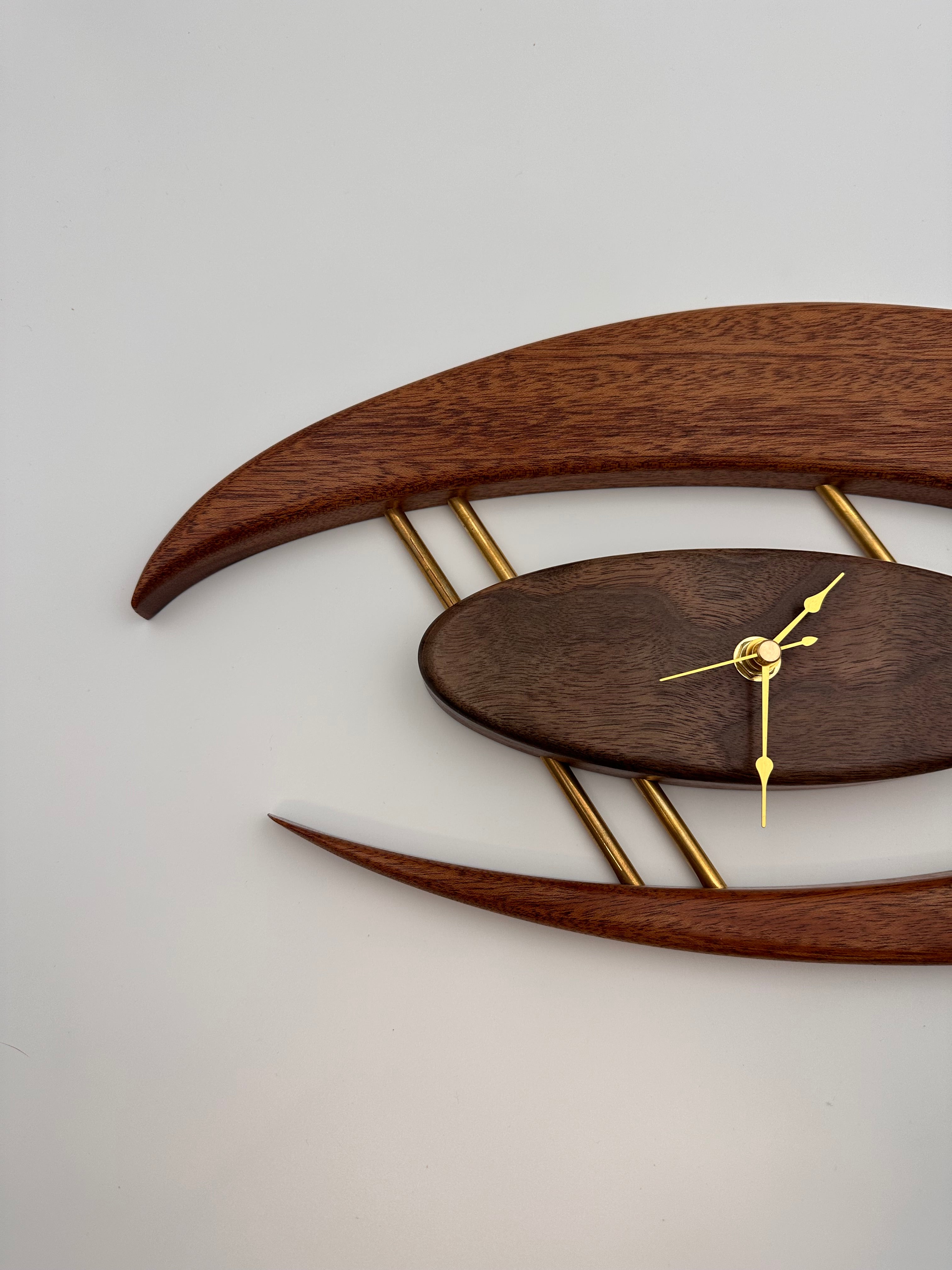 MCM Atomic Boomerang Clock Custom Hand Made Mahogany, Curly Walnut, Brass, Symmetrical Curves