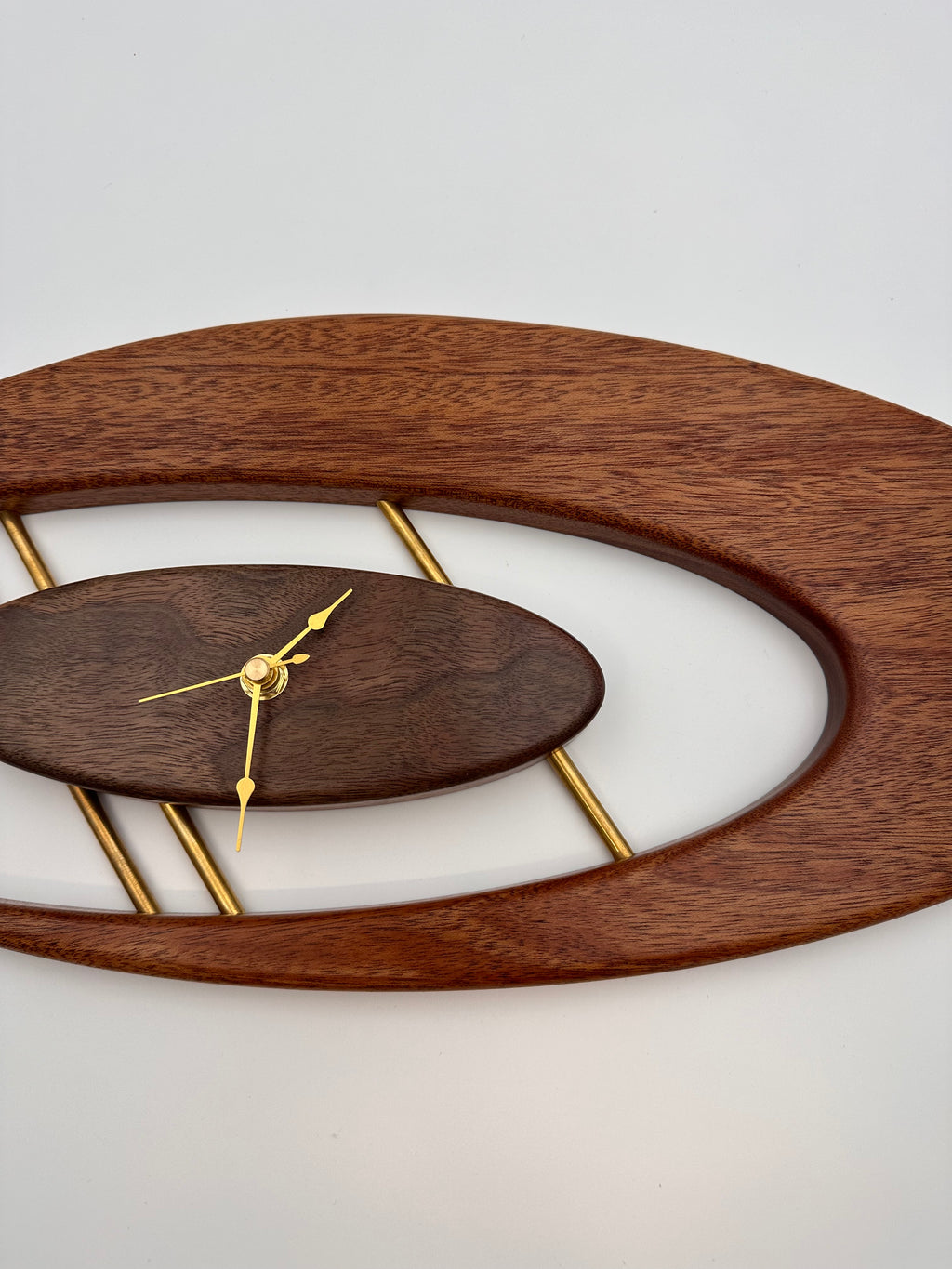 MCM Atomic Boomerang Clock Custom Hand Made Mahogany, Curly Walnut, Brass, Symmetrical Curves