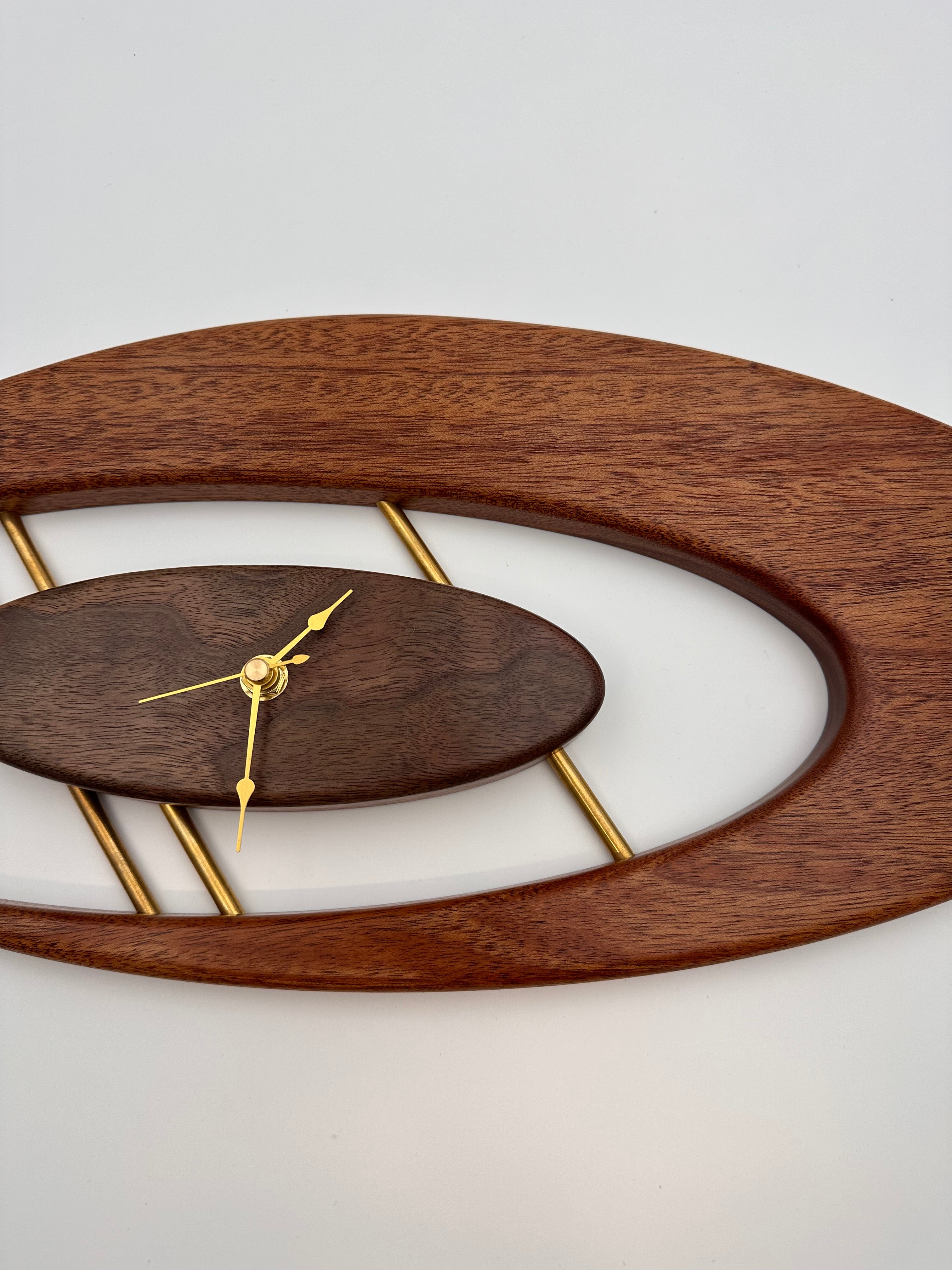 MCM Atomic Boomerang Clock Custom Hand Made Mahogany, Curly Walnut, Brass, Symmetrical Curves