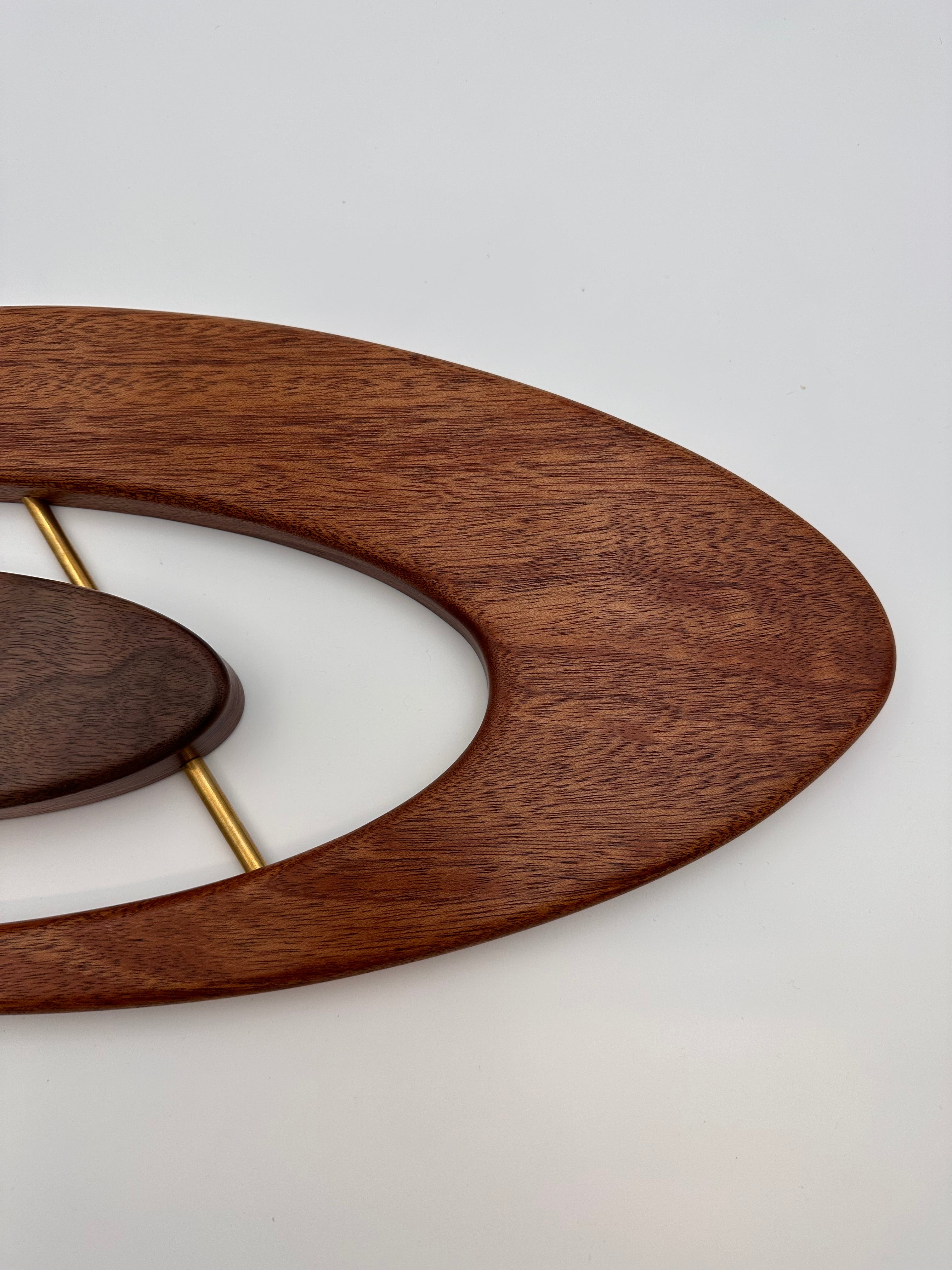 MCM Atomic Boomerang Clock Custom Hand Made Mahogany, Curly Walnut, Brass, Symmetrical Curves