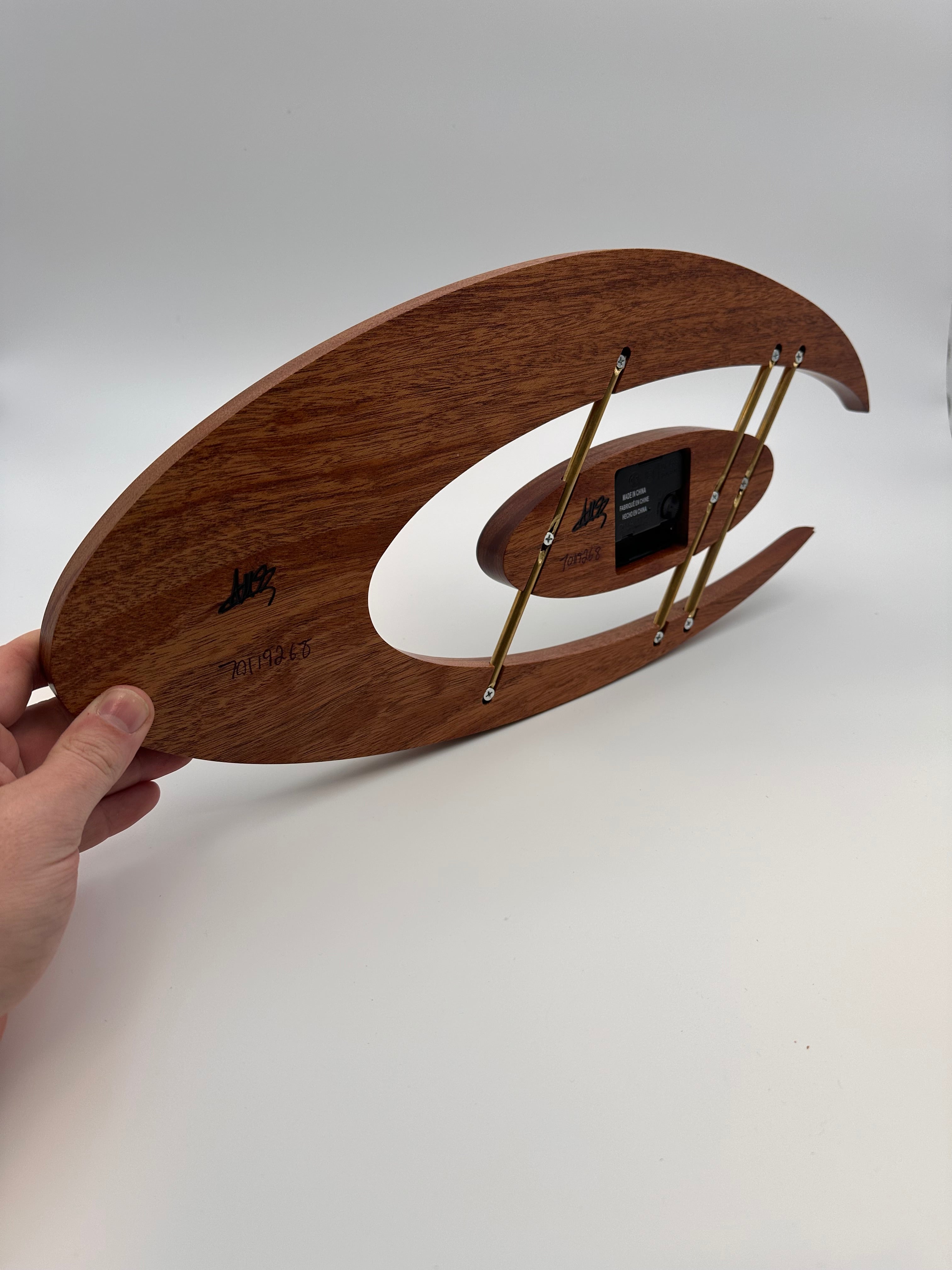 MCM Atomic Boomerang Clock Custom Hand Made Mahogany, Curly Walnut, Brass, Symmetrical Curves