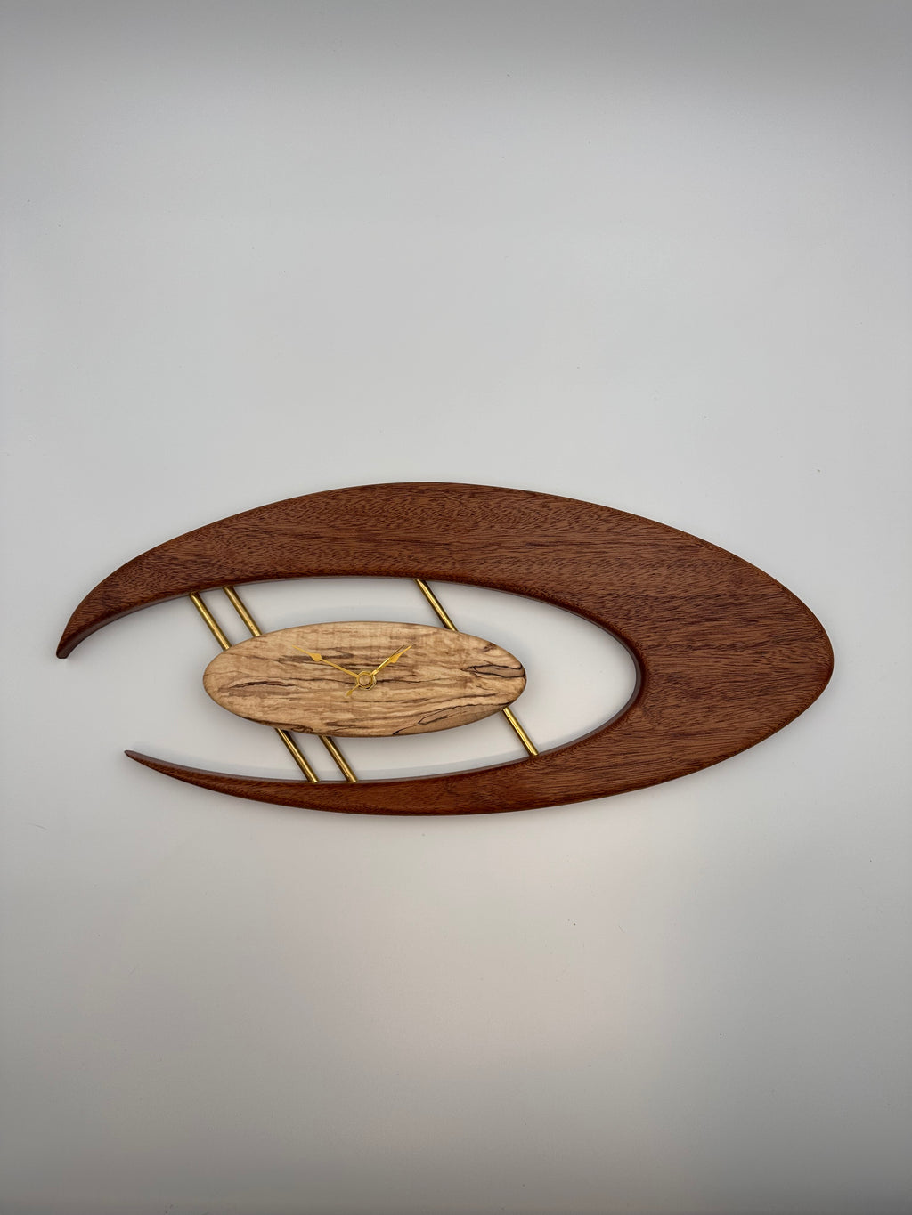 MCM Atomic Boomerang Clock Custom Hand Made Mahogany, Curly Spalted Maple, Brass, Symmetrical Curves