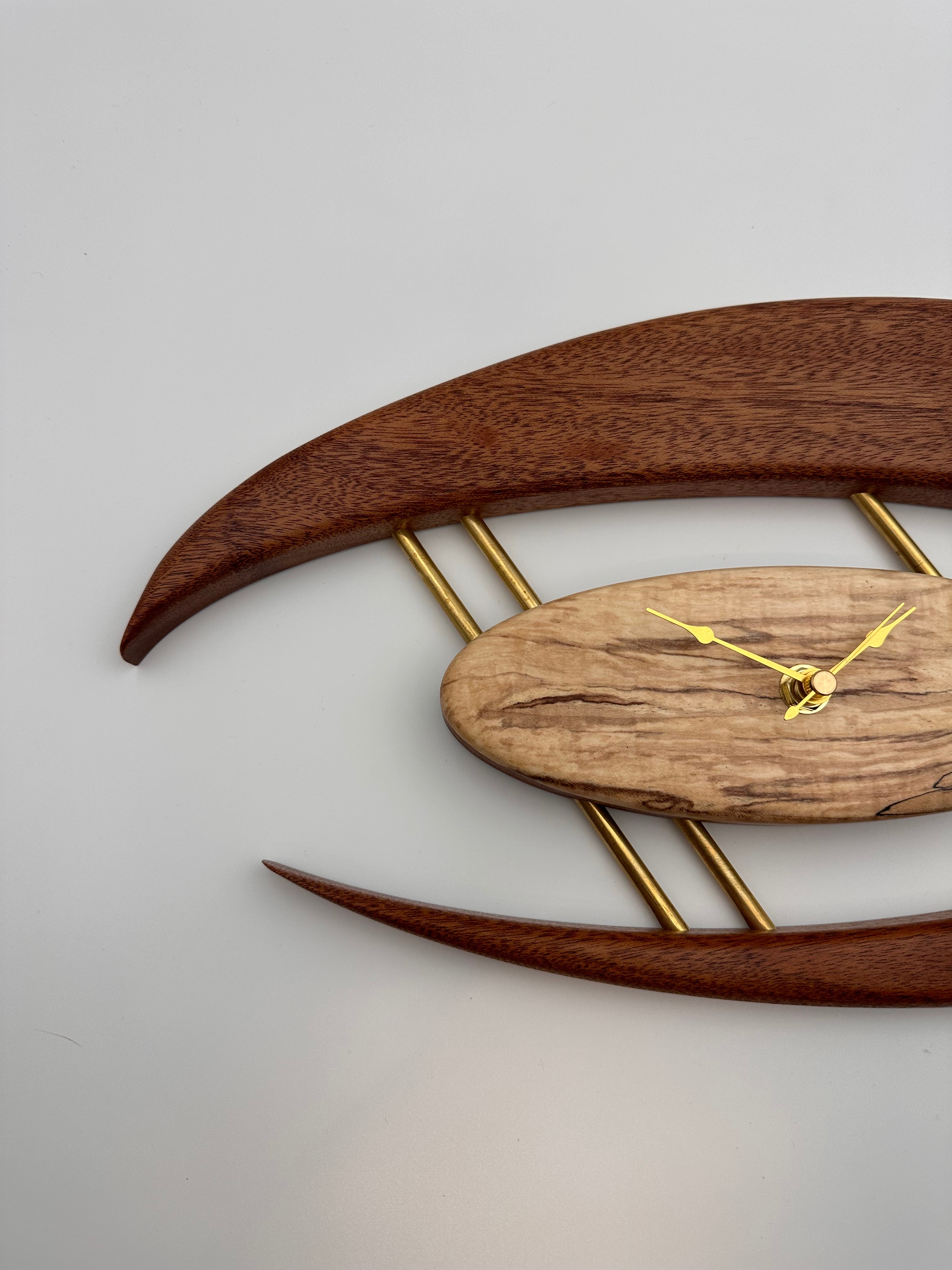 MCM Atomic Boomerang Clock Custom Hand Made Mahogany, Curly Spalted Maple, Brass, Symmetrical Curves