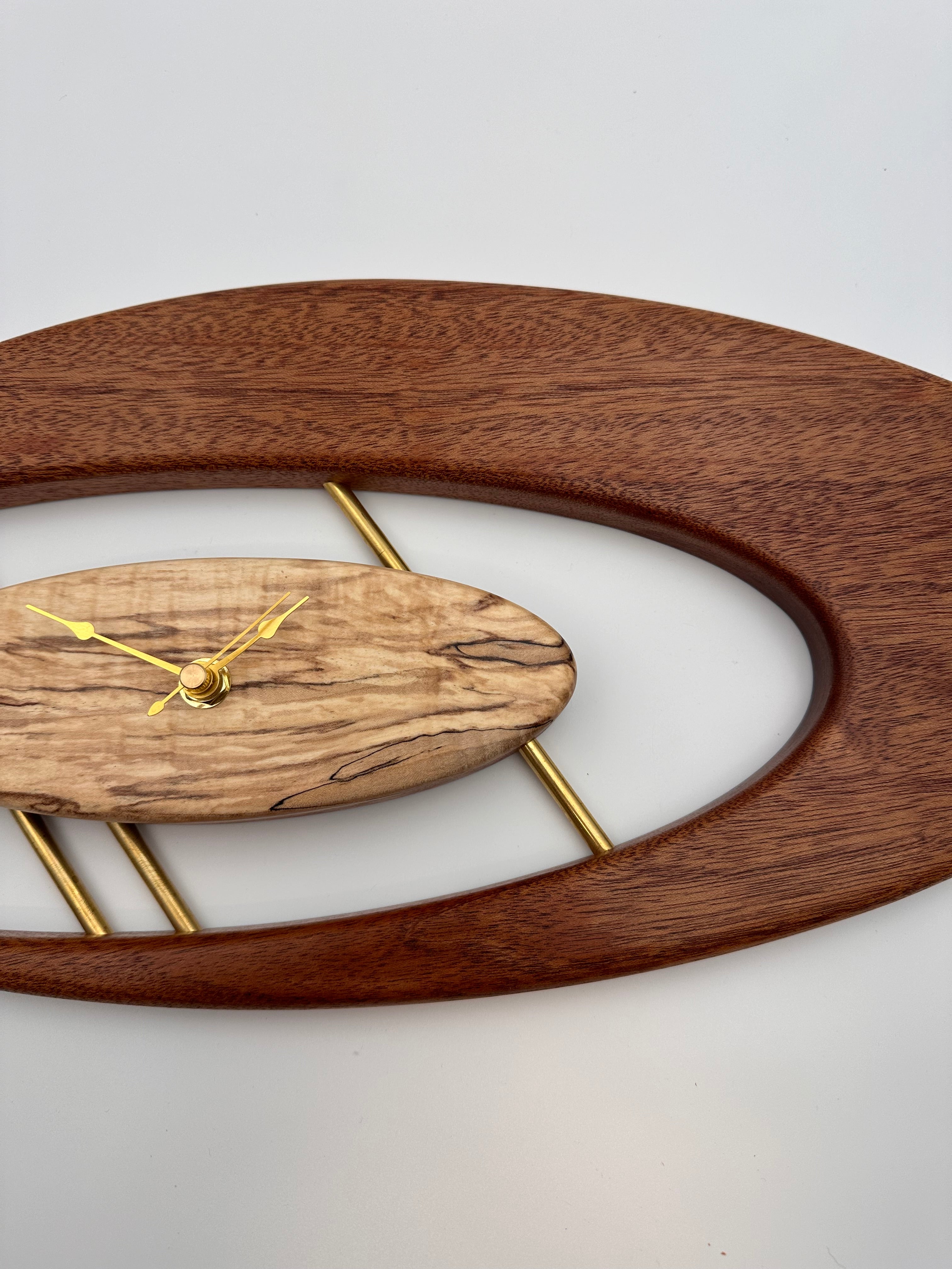 MCM Atomic Boomerang Clock Custom Hand Made Mahogany, Curly Spalted Maple, Brass, Symmetrical Curves