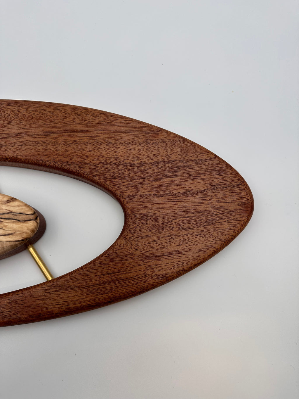 MCM Atomic Boomerang Clock Custom Hand Made Mahogany, Curly Spalted Maple, Brass, Symmetrical Curves