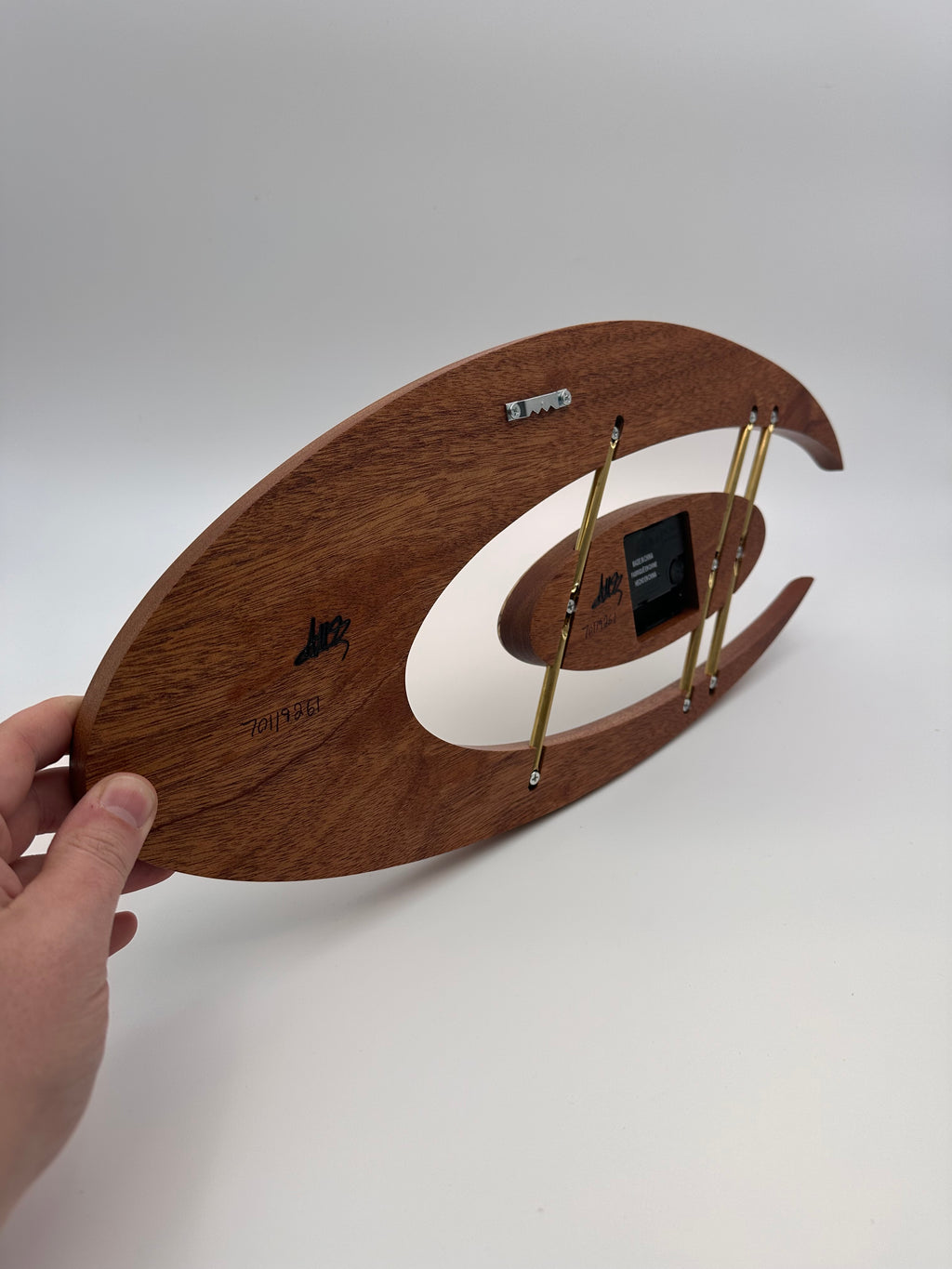 MCM Atomic Boomerang Clock Custom Hand Made Mahogany, Curly Spalted Maple, Brass, Symmetrical Curves