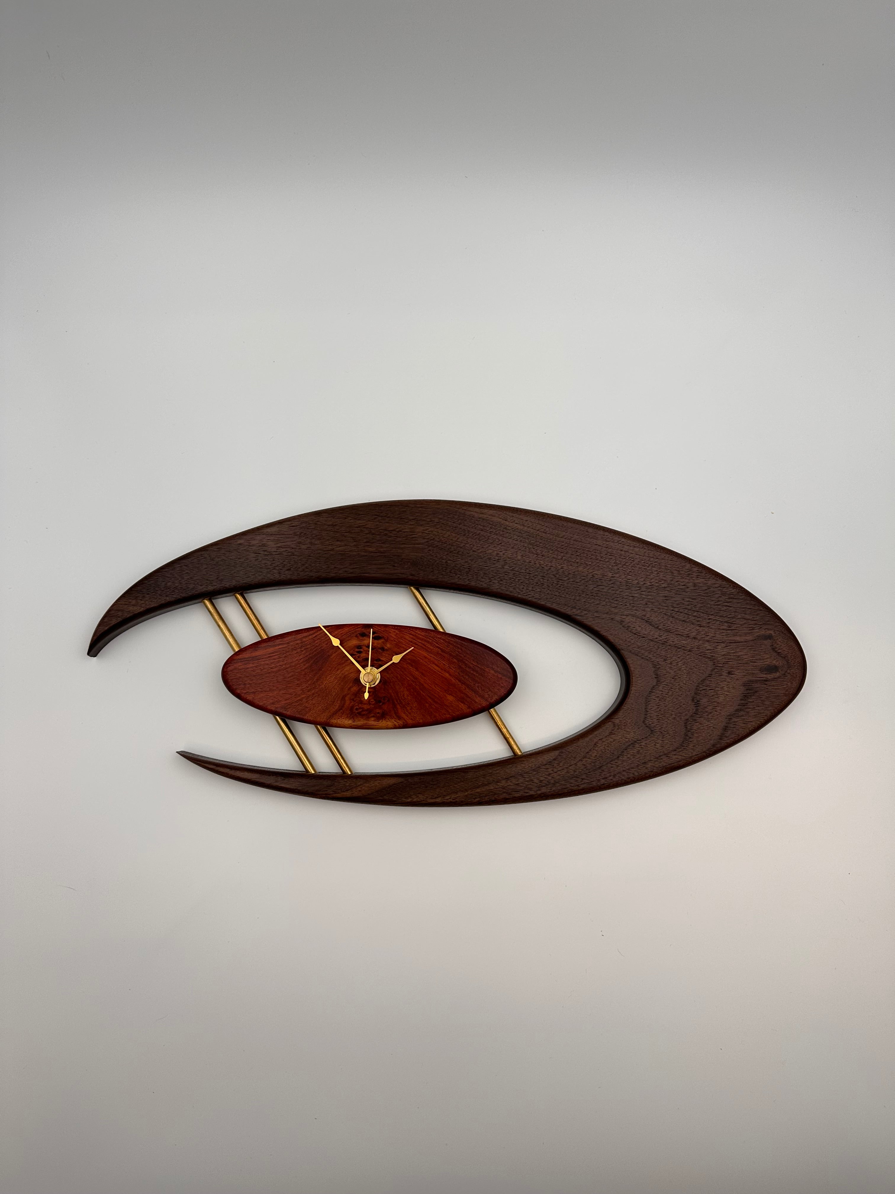 MCM Atomic Boomerang Clock Custom Hand Made Walnut, Bloodwood, Brass