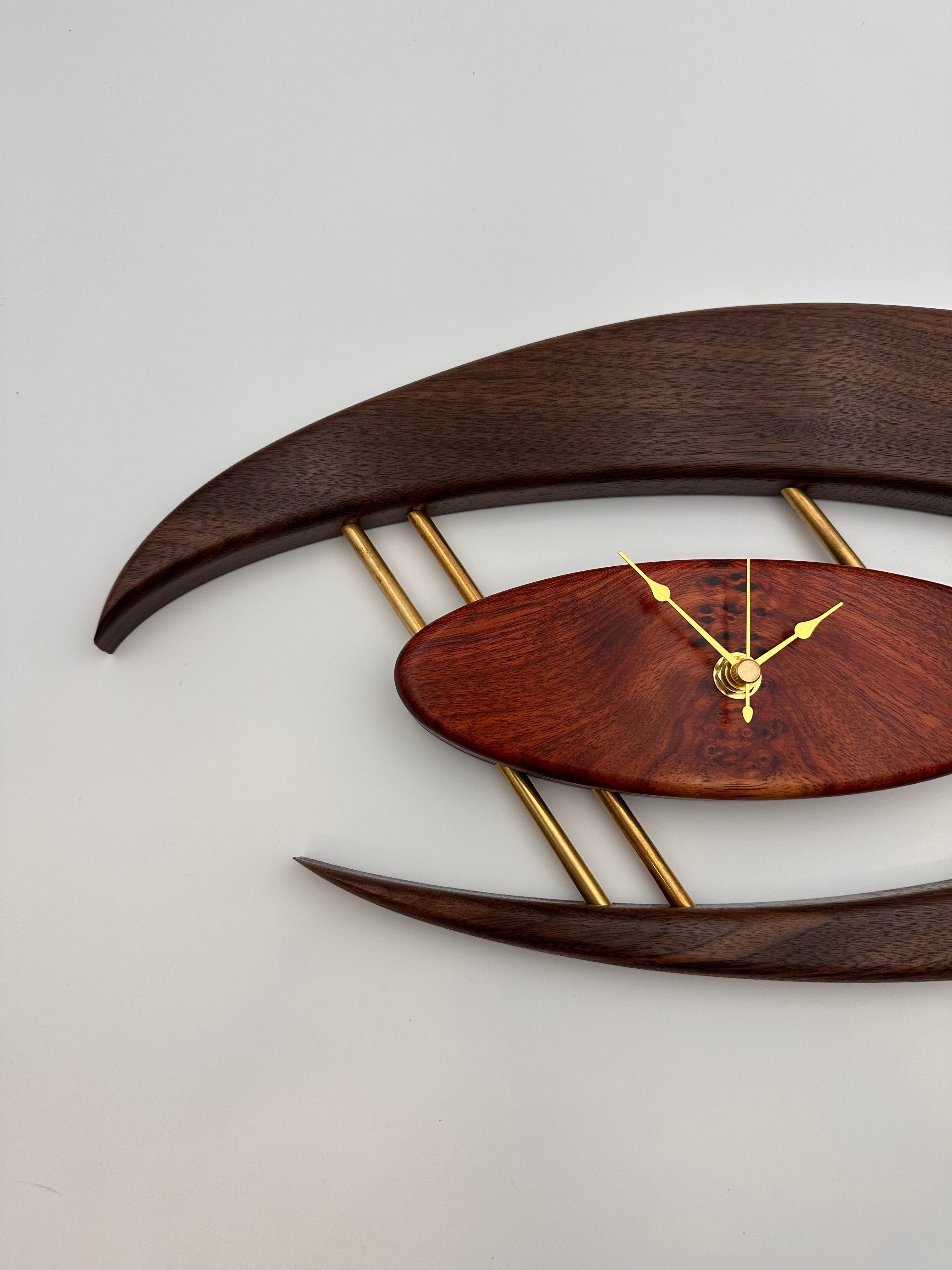 MCM Atomic Boomerang Clock Custom Hand Made Walnut, Bloodwood, Brass