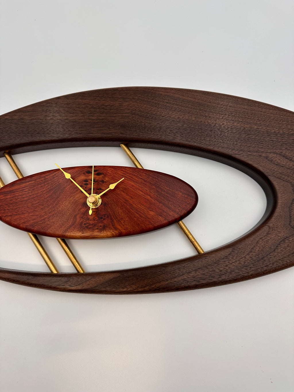 MCM Atomic Boomerang Clock Custom Hand Made Walnut, Bloodwood, Brass