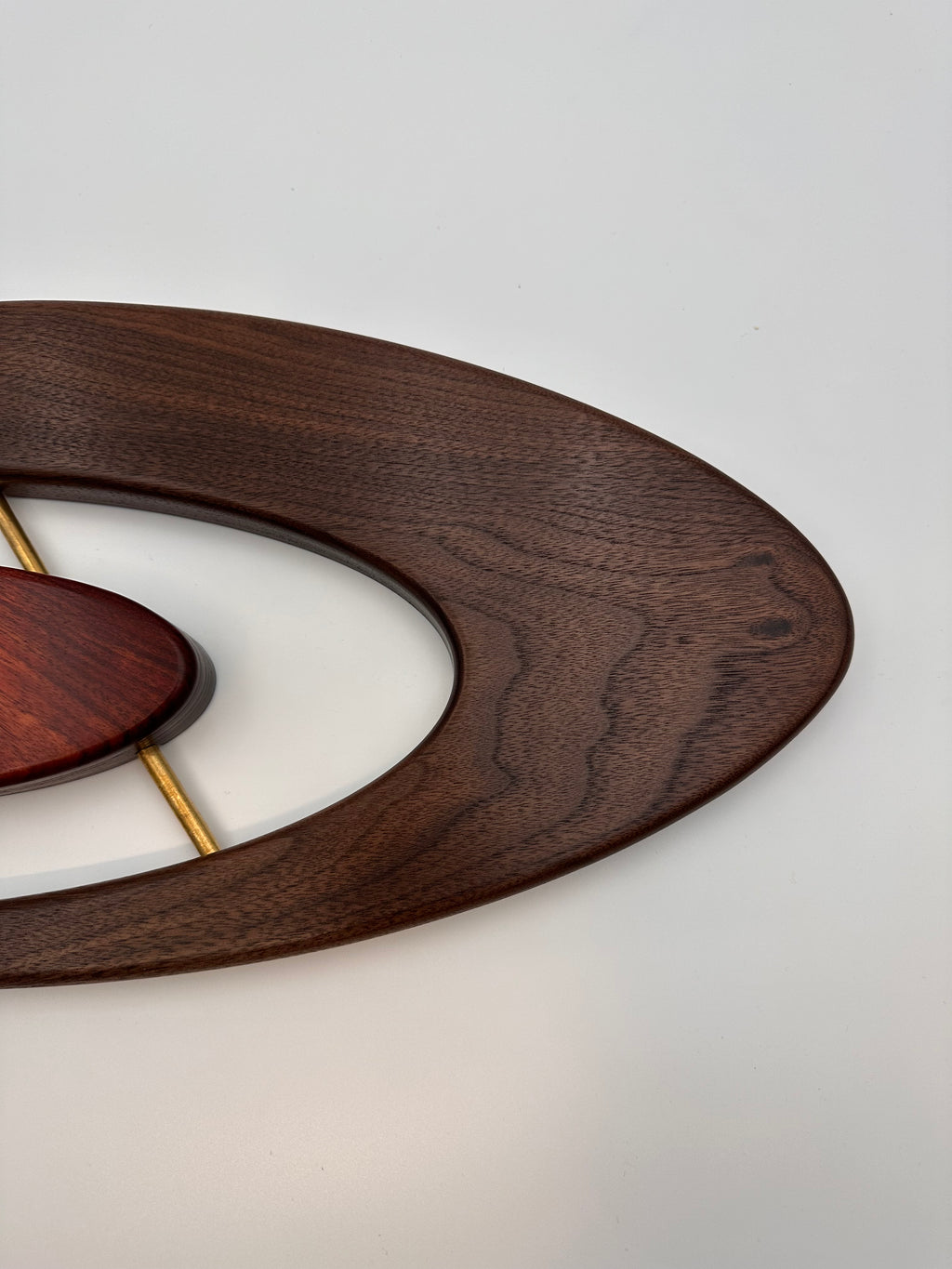MCM Atomic Boomerang Clock Custom Hand Made Walnut, Bloodwood, Brass