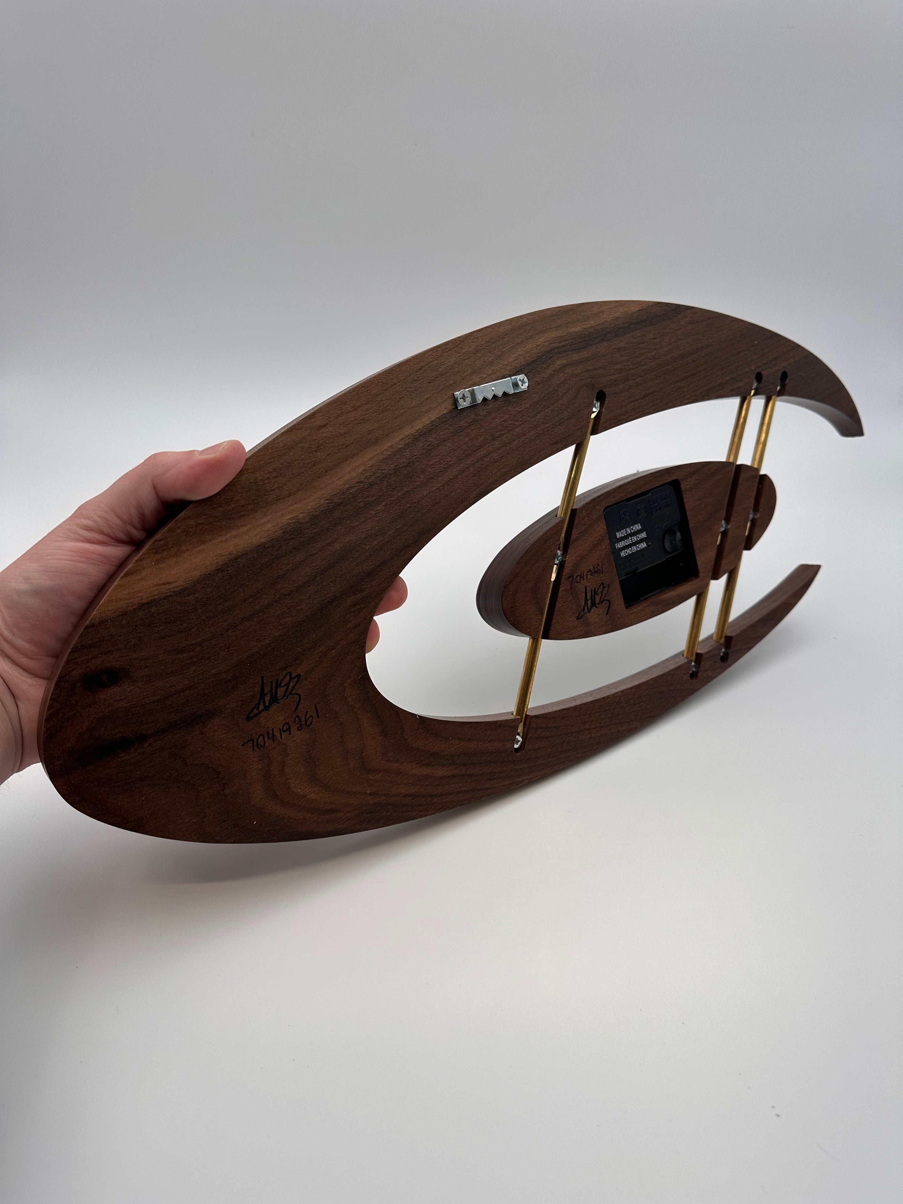 MCM Atomic Boomerang Clock Custom Hand Made Walnut, Bloodwood, Brass