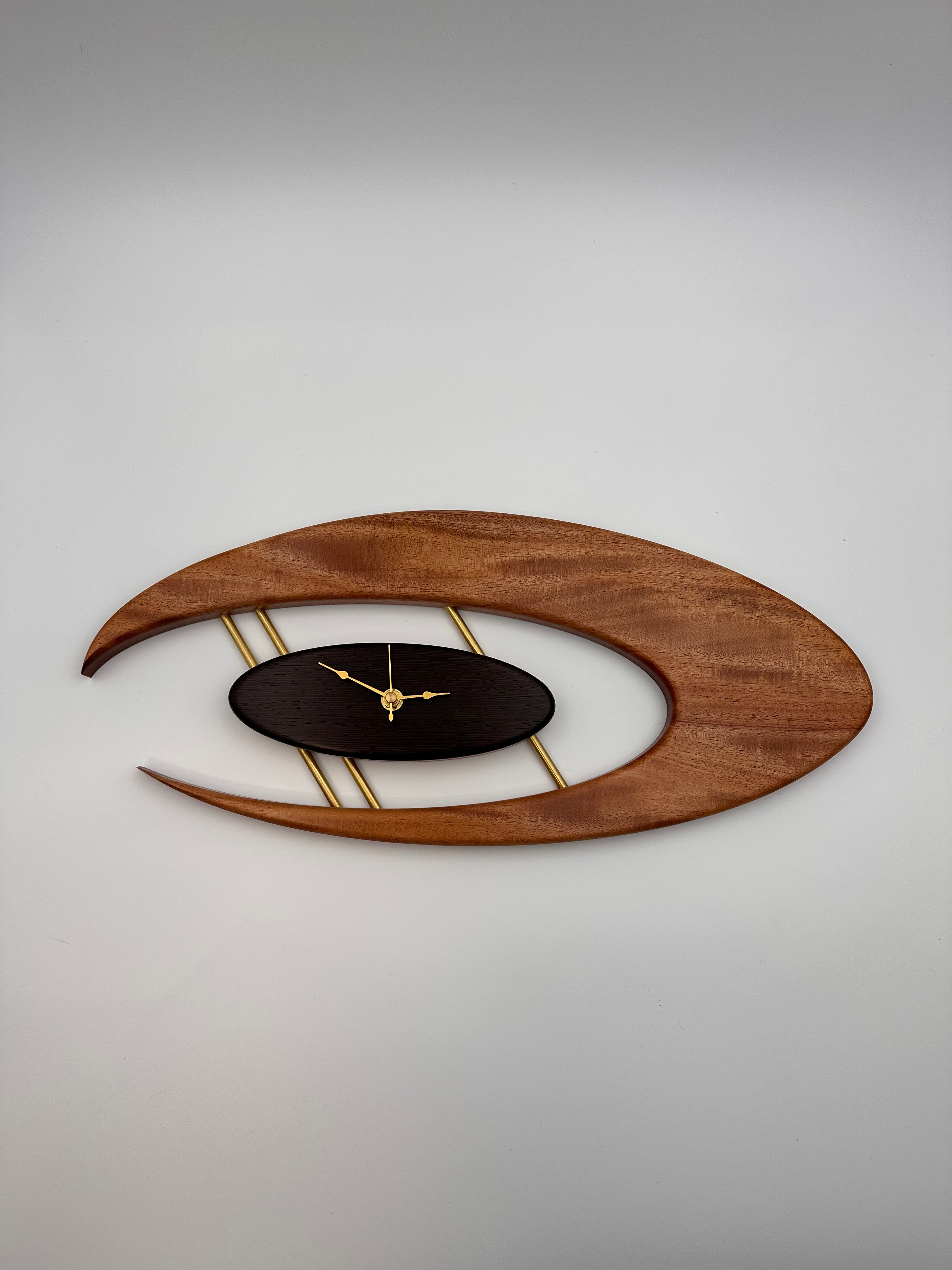 MCM Atomic Boomerang Clock Custom Hand Made Mahogany, Wenge, Brass