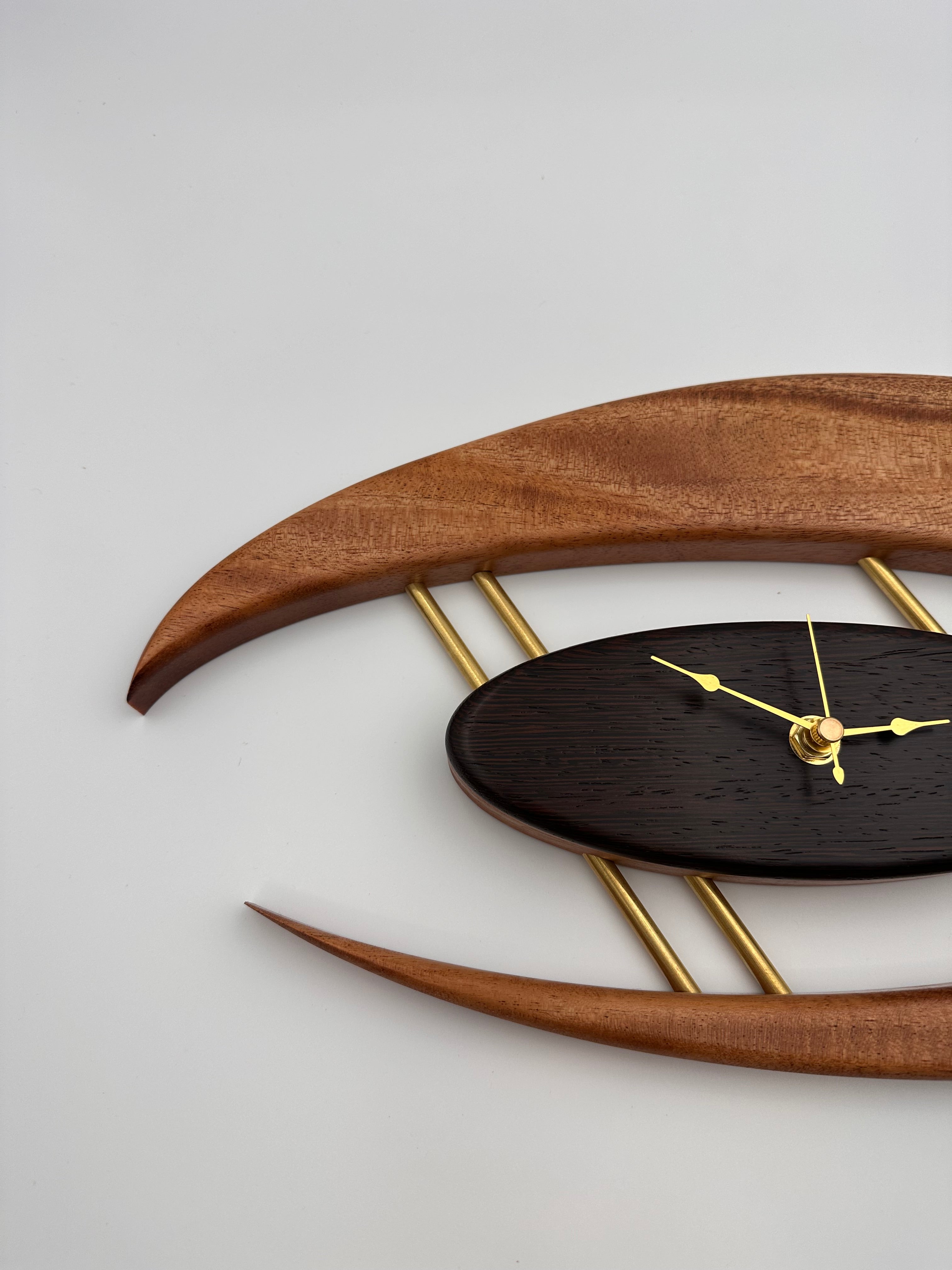 MCM Atomic Boomerang Clock Custom Hand Made Mahogany, Wenge, Brass