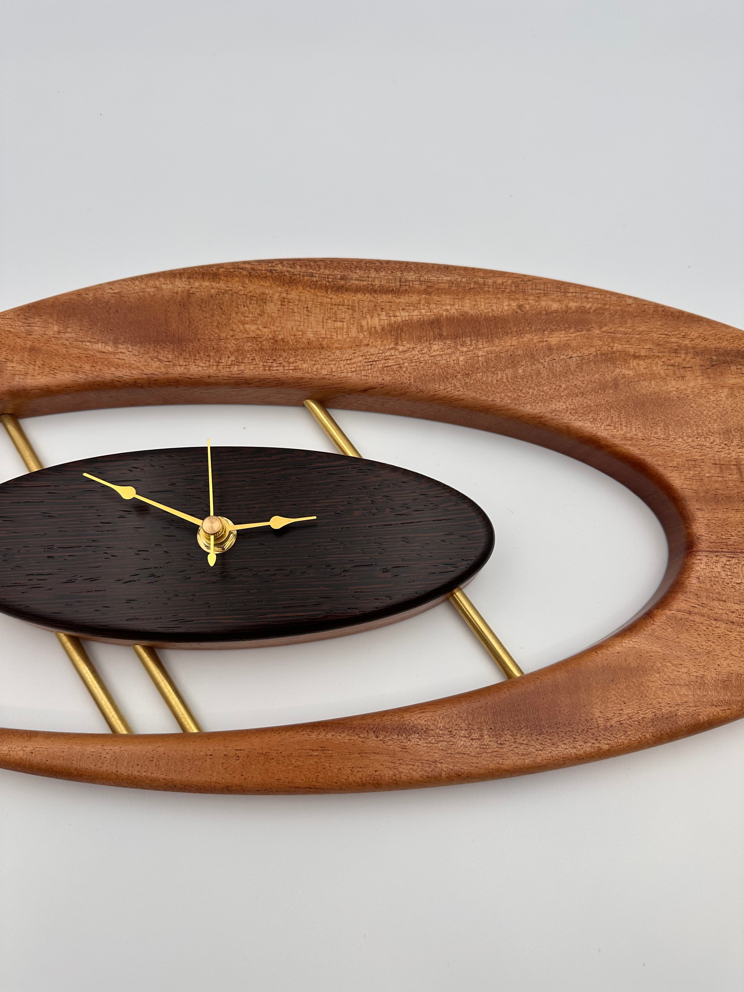 MCM Atomic Boomerang Clock Custom Hand Made Mahogany, Wenge, Brass