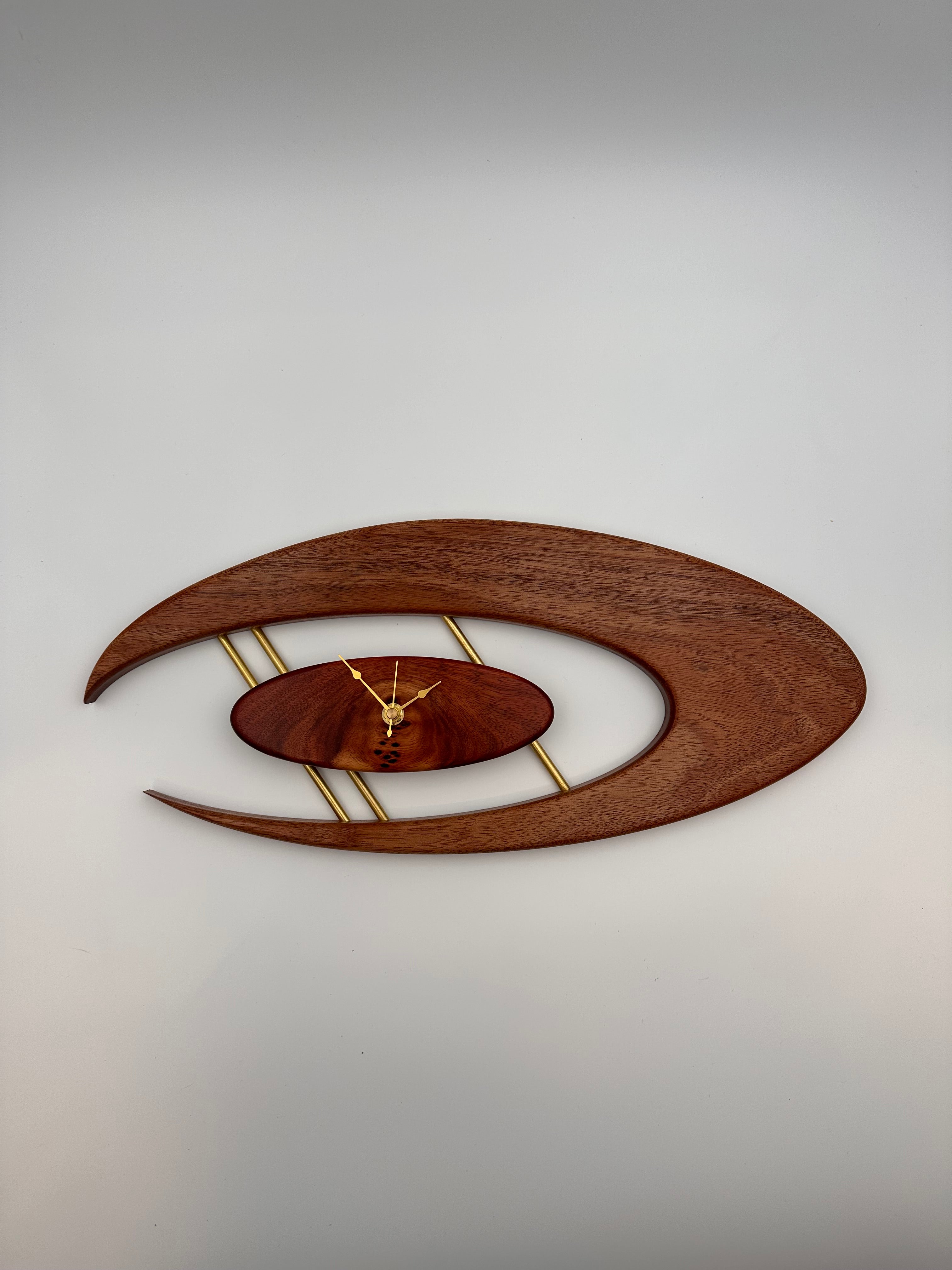 MCM Atomic Boomerang Clock Custom Hand Made Mahogany, Bloodwood, Brass