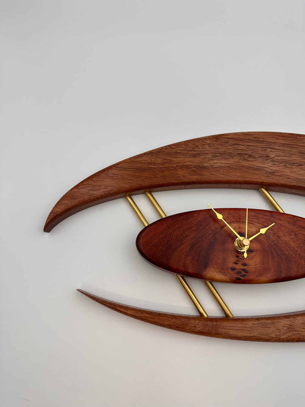 MCM Atomic Boomerang Clock Custom Hand Made Mahogany, Bloodwood, Brass