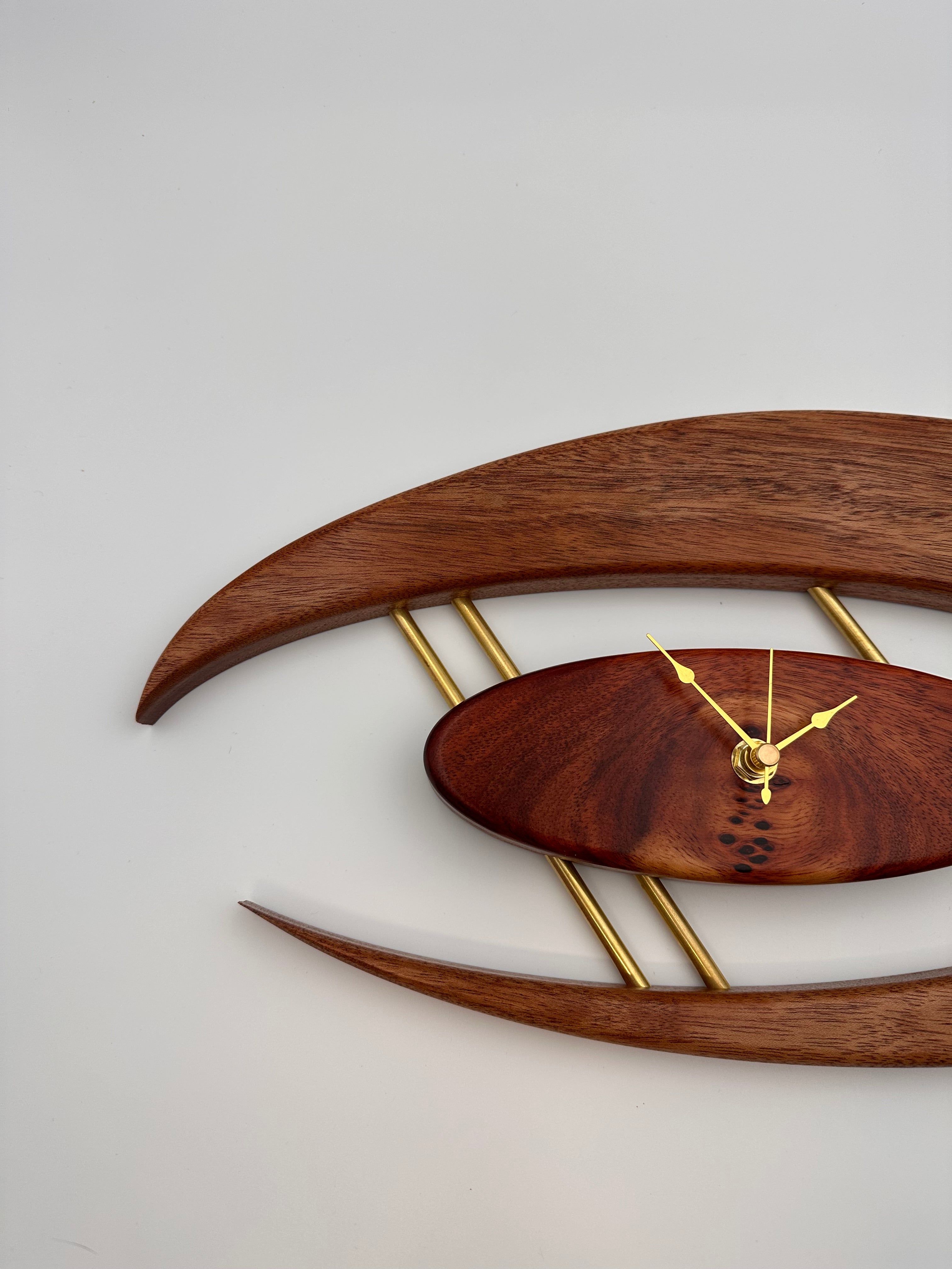 MCM Atomic Boomerang Clock Custom Hand Made Mahogany, Bloodwood, Brass