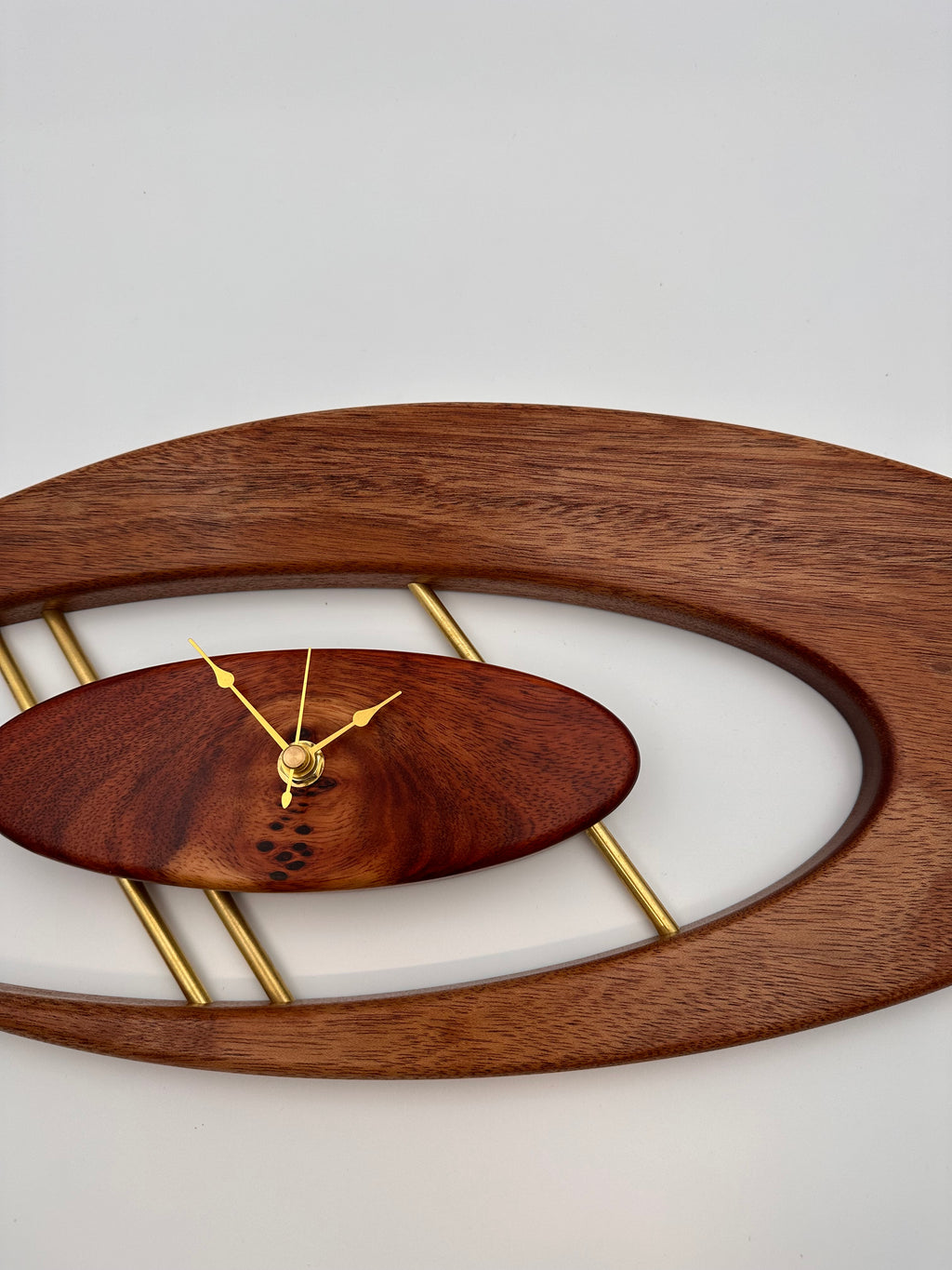 MCM Atomic Boomerang Clock Custom Hand Made Mahogany, Bloodwood, Brass