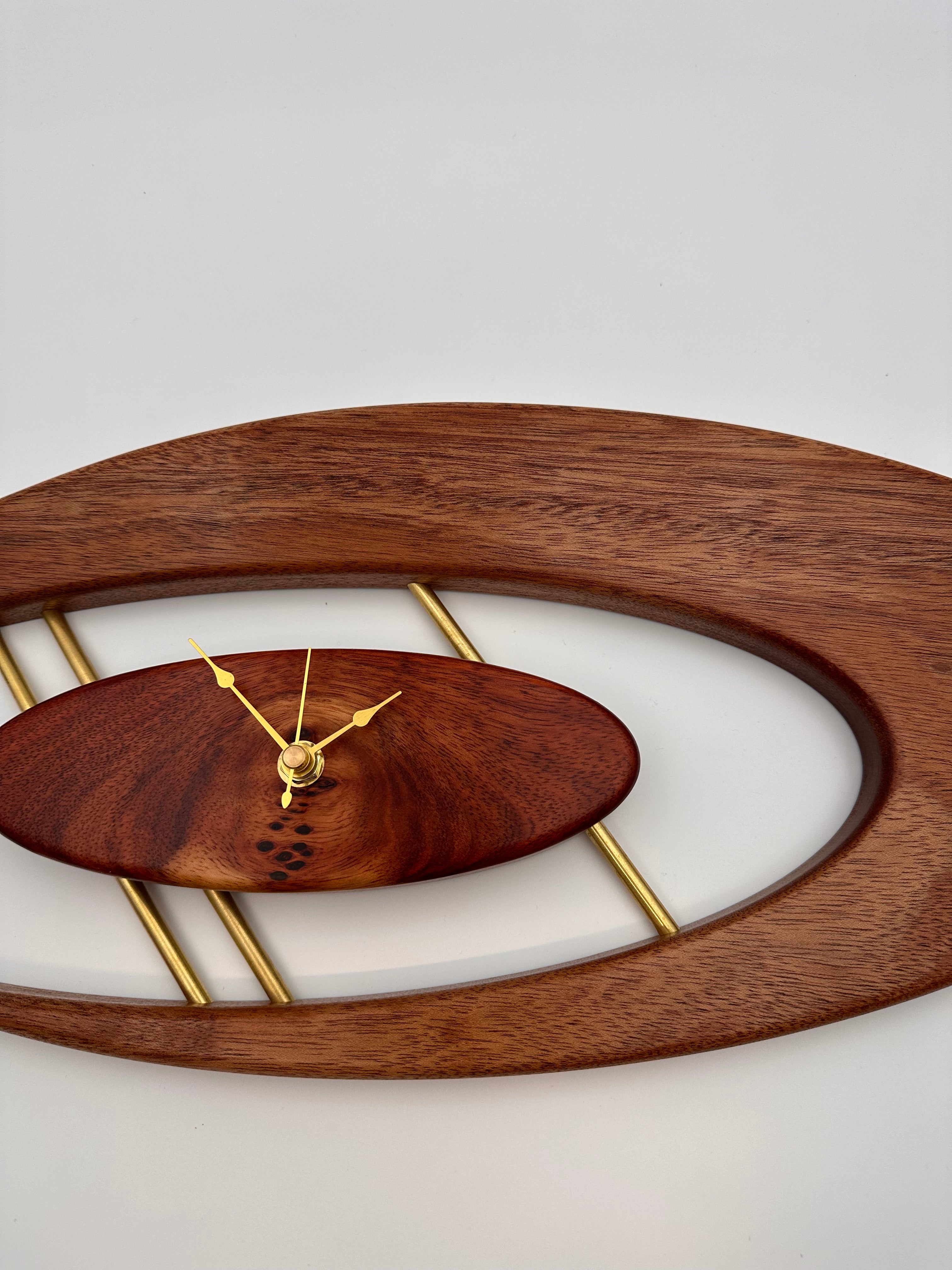 MCM Atomic Boomerang Clock Custom Hand Made Mahogany, Bloodwood, Brass