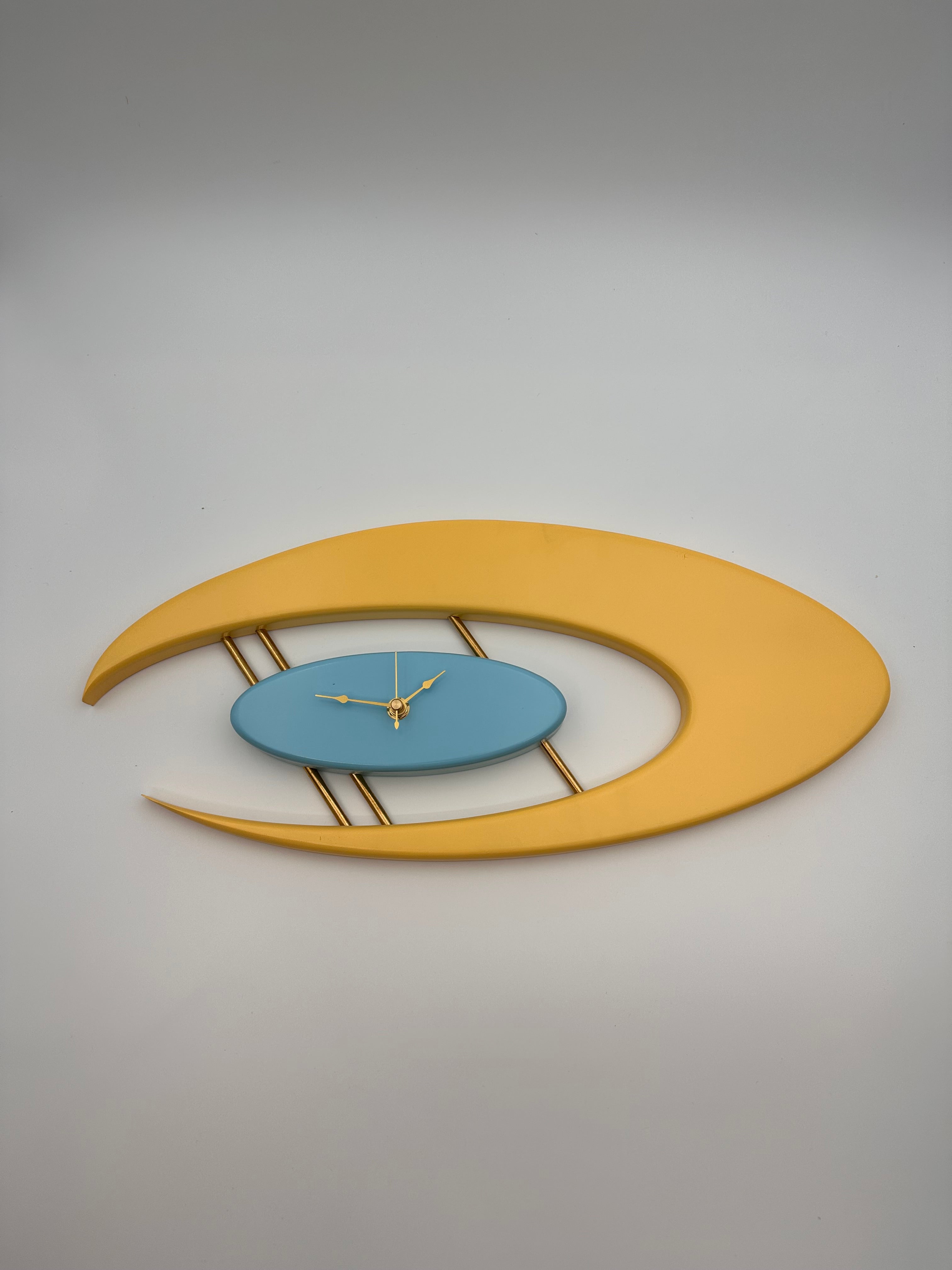 MCM Atomic Boomerang Clock Custom Hand Made Poplar, Yellow and Sky Blue