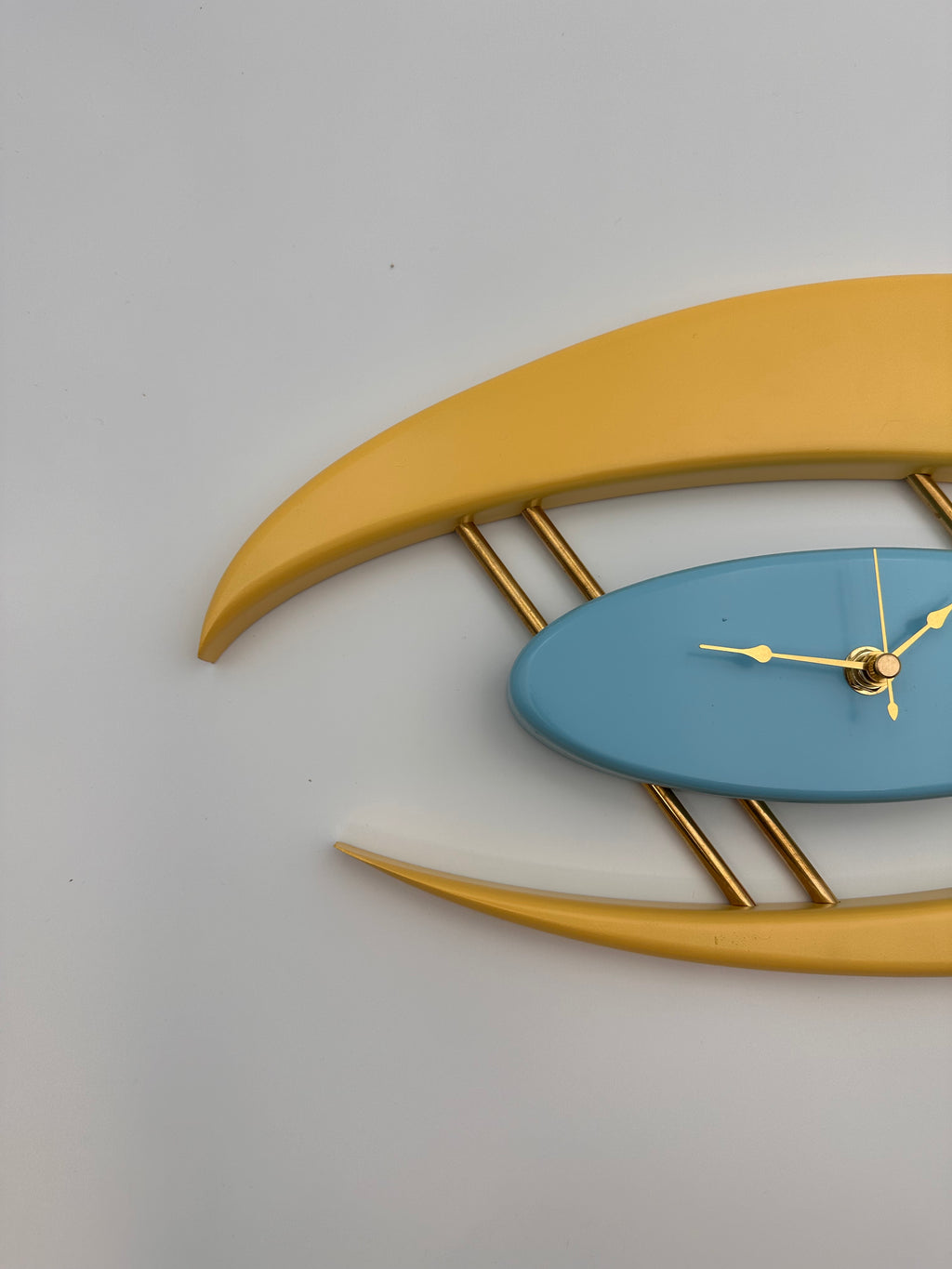 MCM Atomic Boomerang Clock Custom Hand Made Poplar, Yellow and Sky Blue
