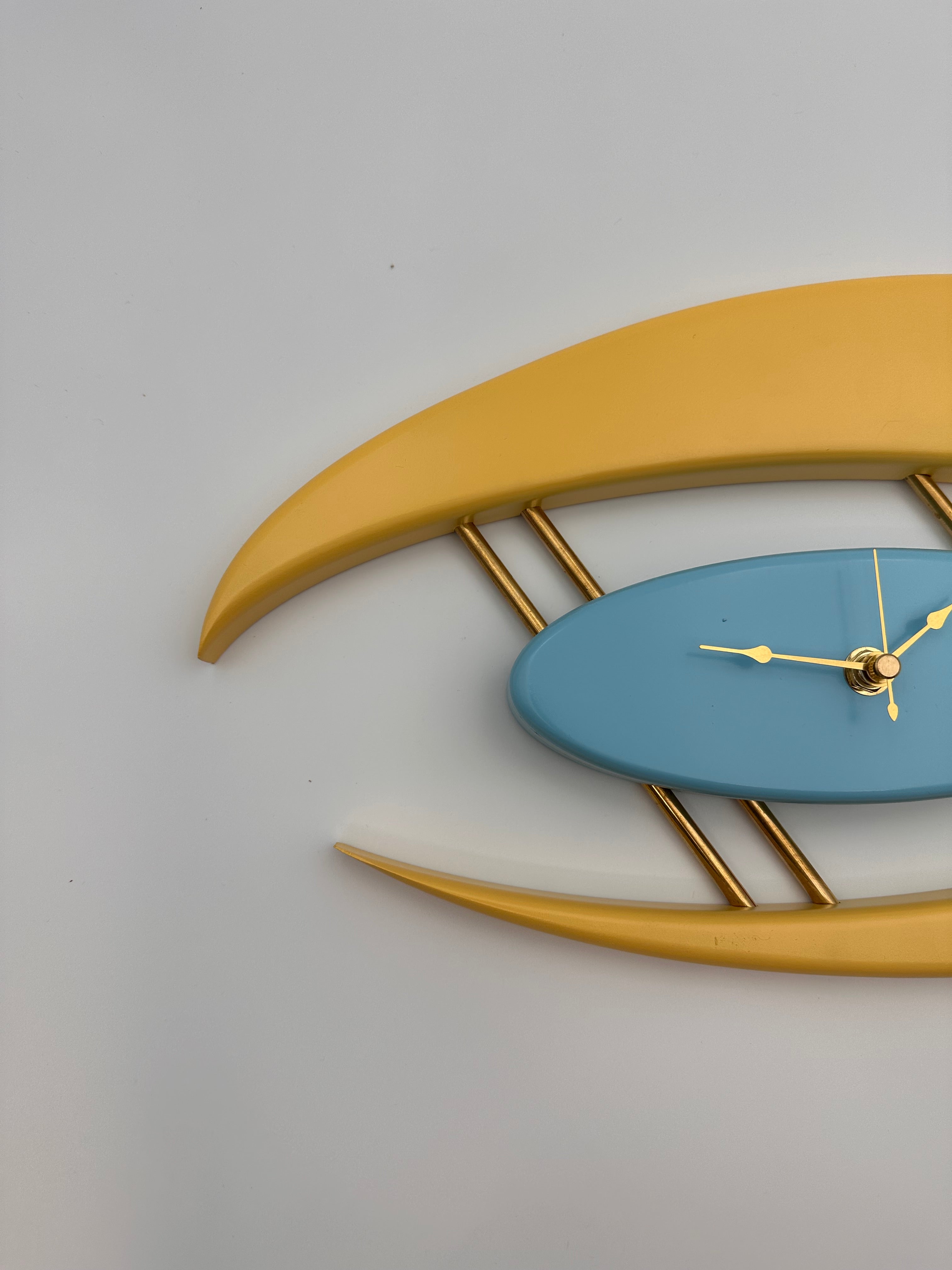 MCM Atomic Boomerang Clock Custom Hand Made Poplar, Yellow and Sky Blue