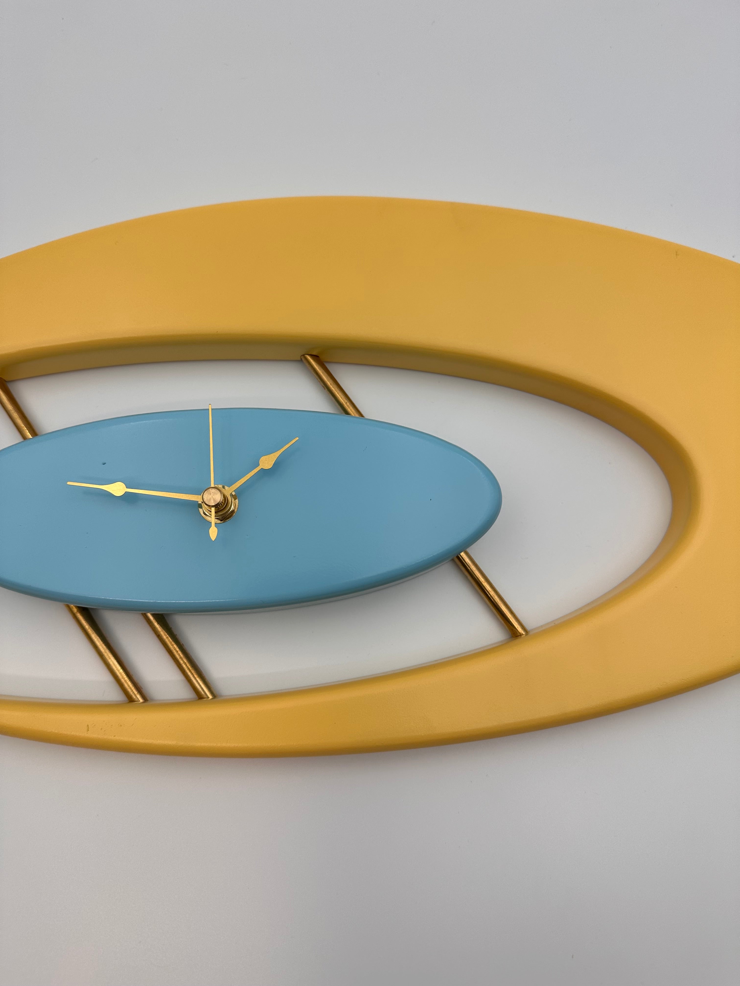 MCM Atomic Boomerang Clock Custom Hand Made Poplar, Yellow and Sky Blue