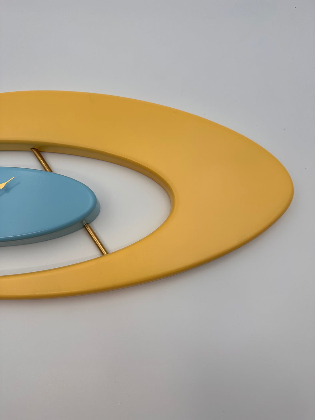 MCM Atomic Boomerang Clock Custom Hand Made Poplar, Yellow and Sky Blue