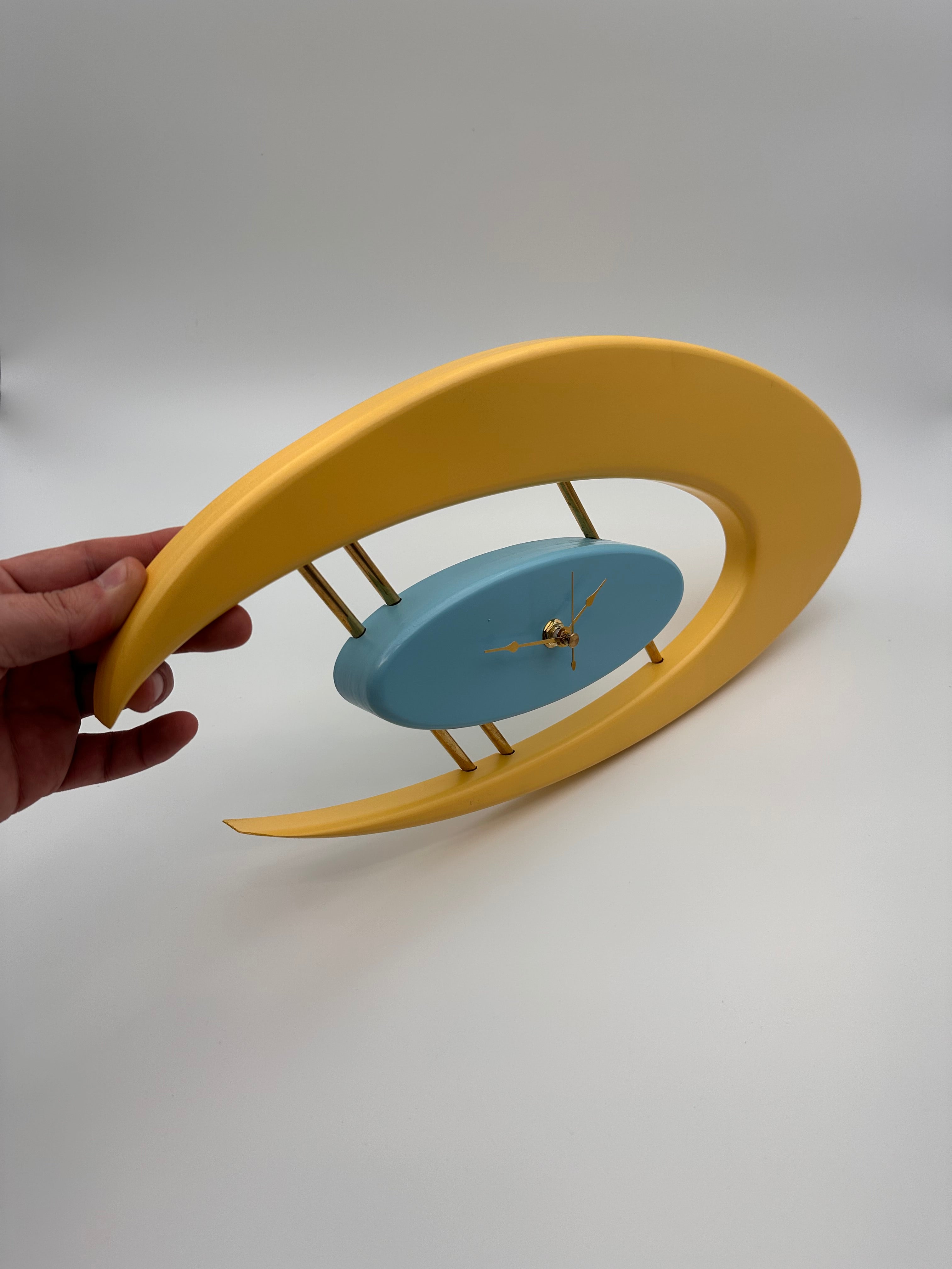 MCM Atomic Boomerang Clock Custom Hand Made Poplar, Yellow and Sky Blue