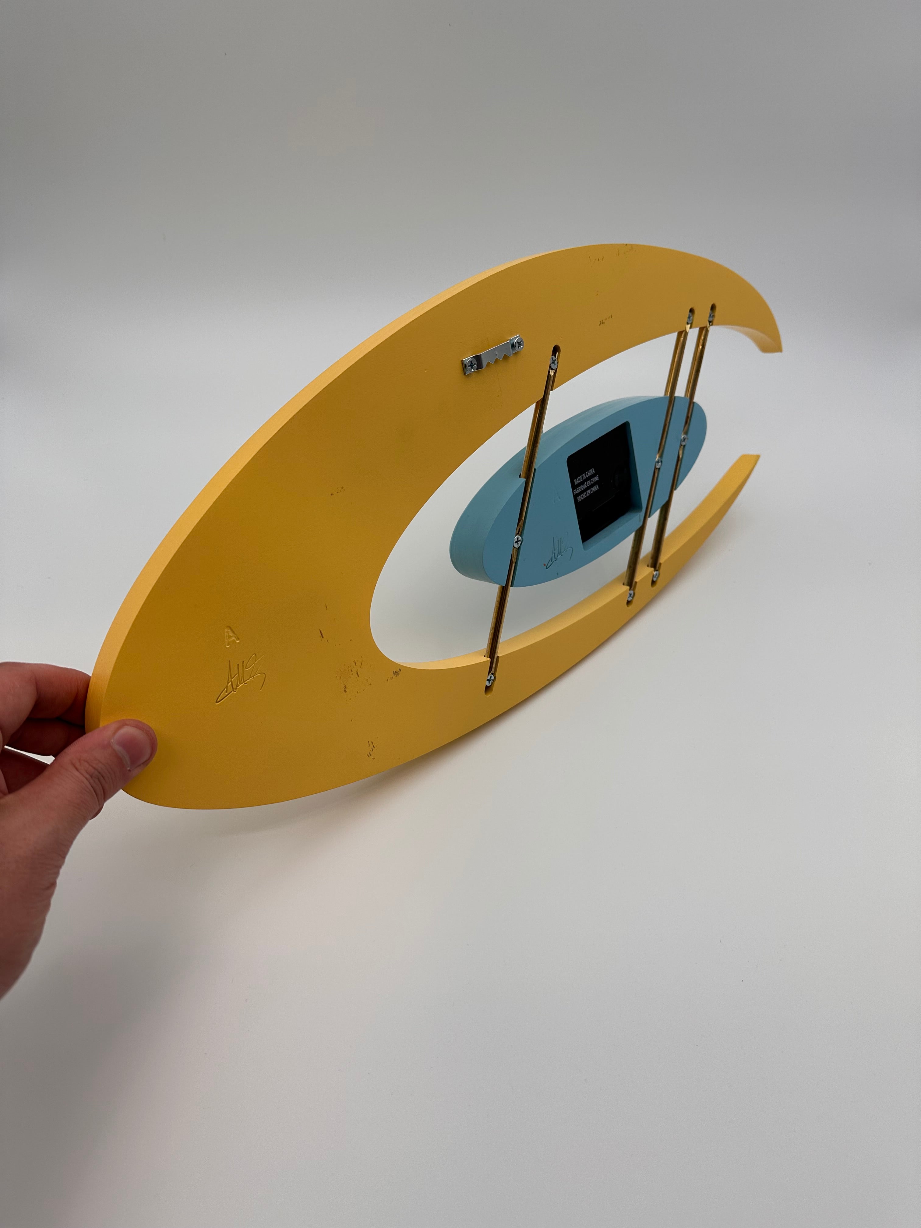 MCM Atomic Boomerang Clock Custom Hand Made Poplar, Yellow and Sky Blue