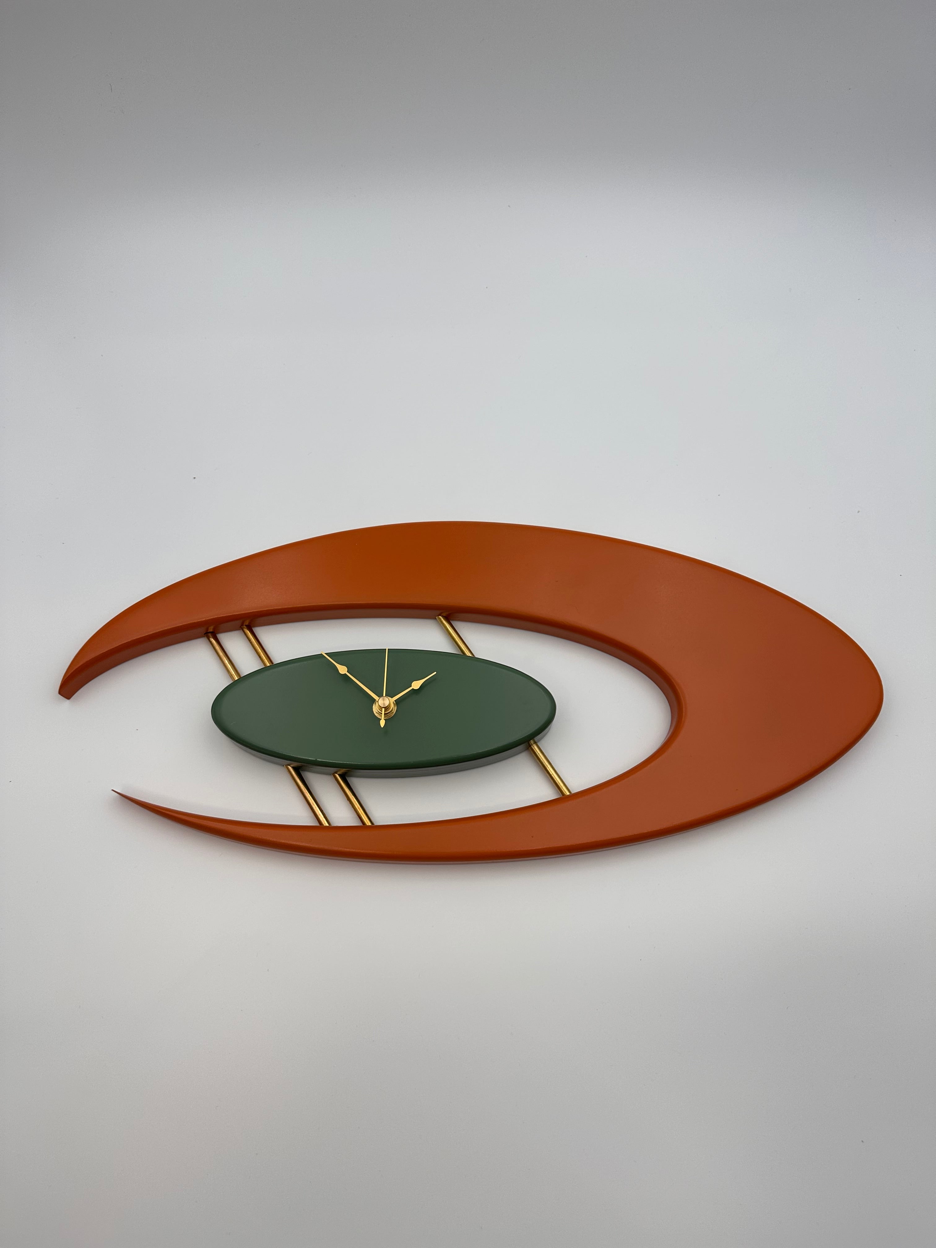 MCM Atomic Boomerang Clock Custom Hand Made Poplar, Burnt Orange and Forest Green