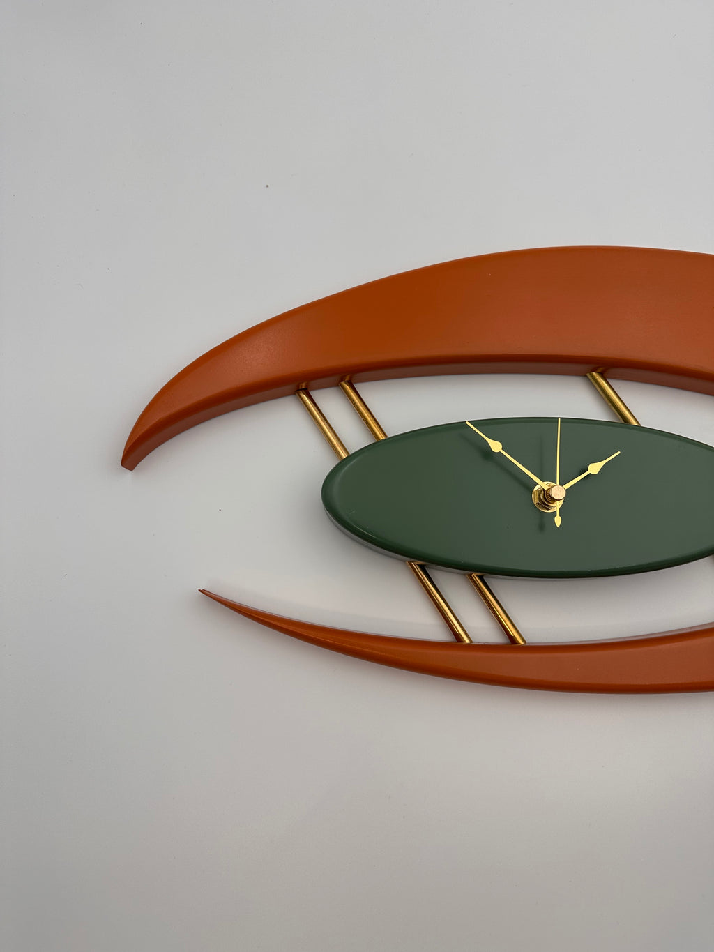 MCM Atomic Boomerang Clock Custom Hand Made Poplar, Burnt Orange and Forest Green