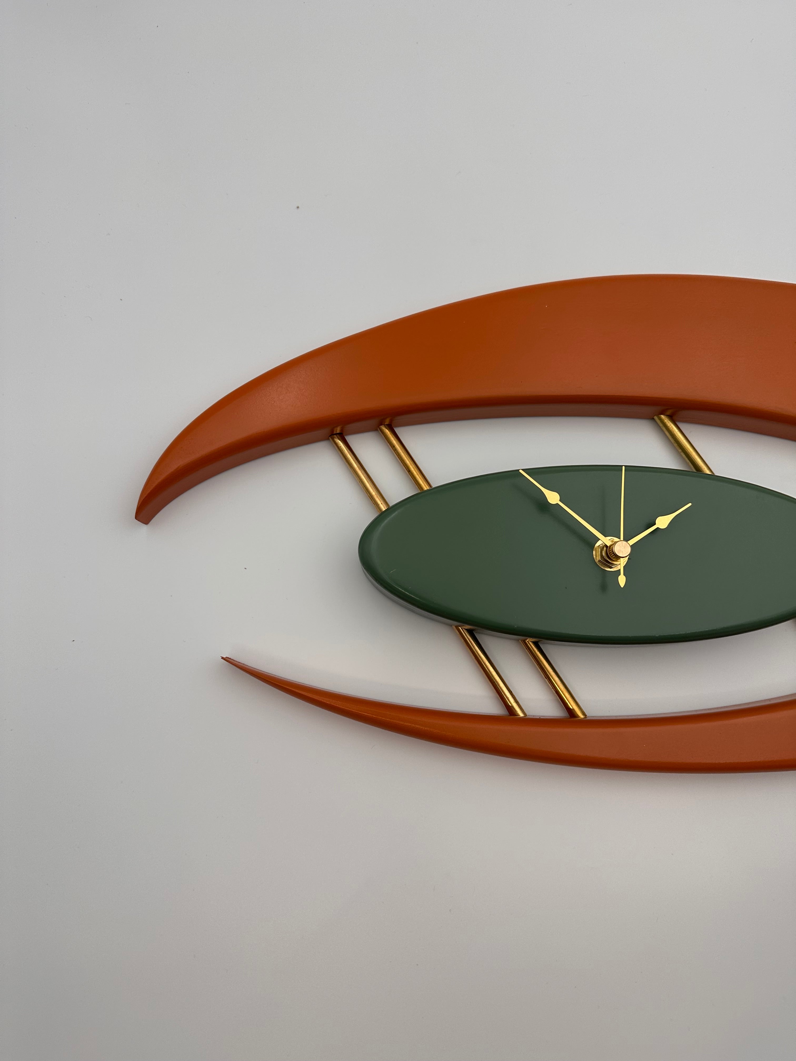 MCM Atomic Boomerang Clock Custom Hand Made Poplar, Burnt Orange and Forest Green