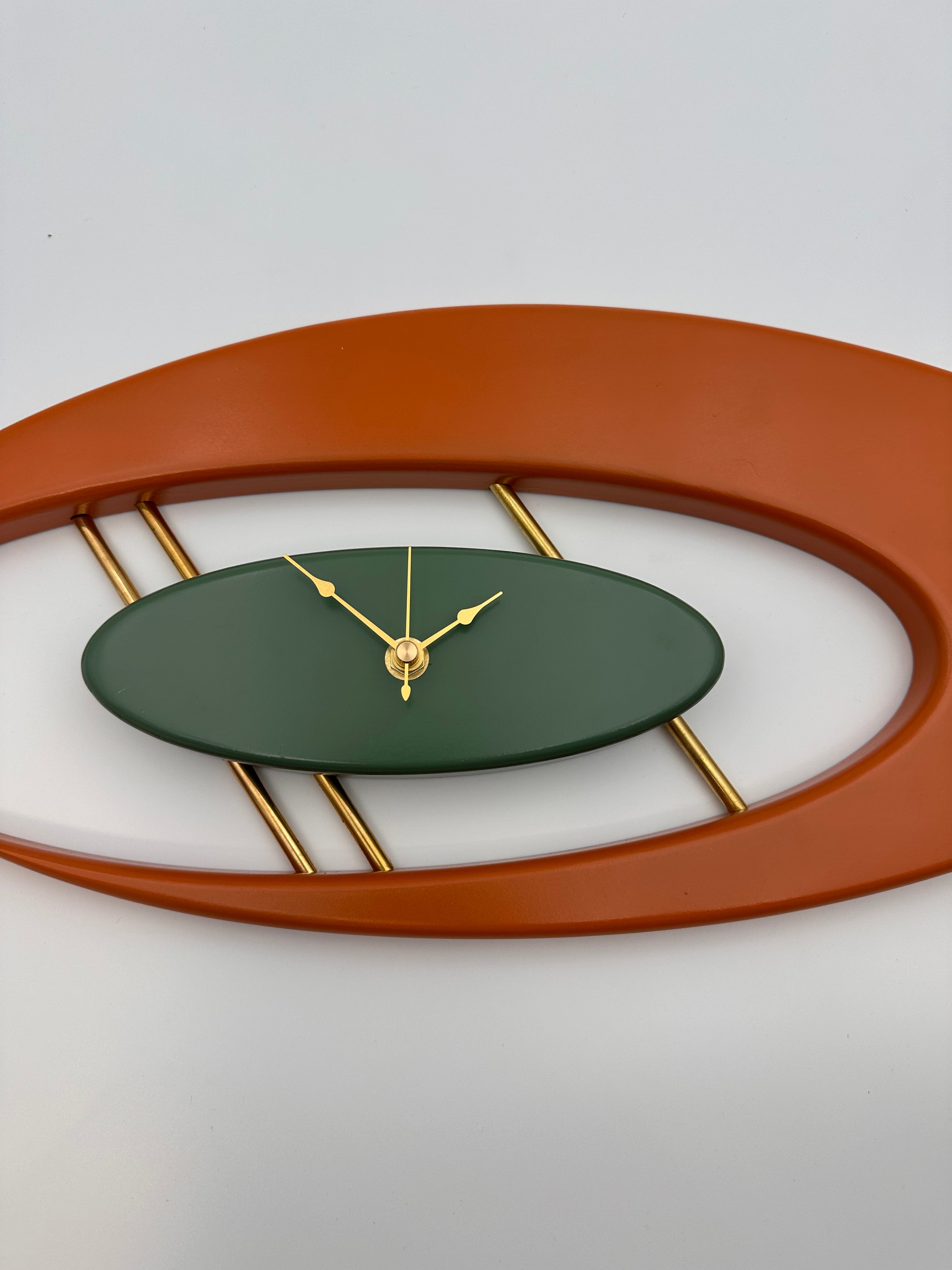 MCM Atomic Boomerang Clock Custom Hand Made Poplar, Burnt Orange and Forest Green