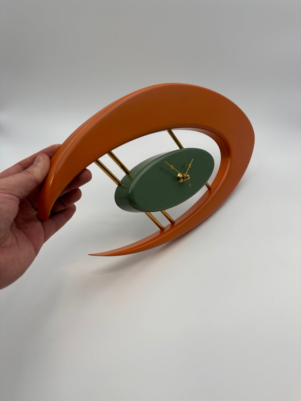 MCM Atomic Boomerang Clock Custom Hand Made Poplar, Burnt Orange and Forest Green