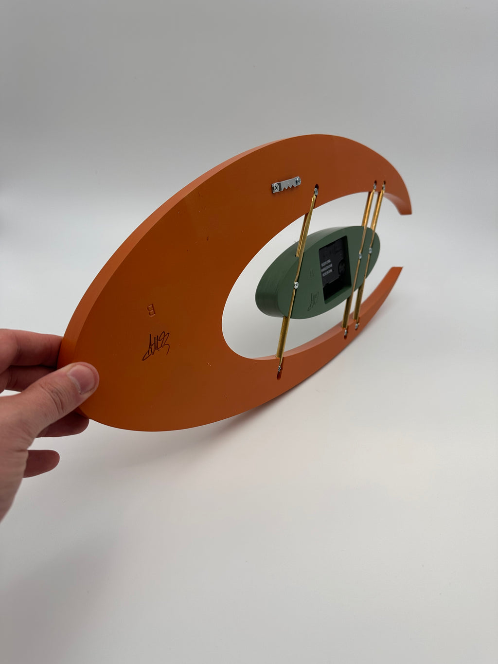 MCM Atomic Boomerang Clock Custom Hand Made Poplar, Burnt Orange and Forest Green