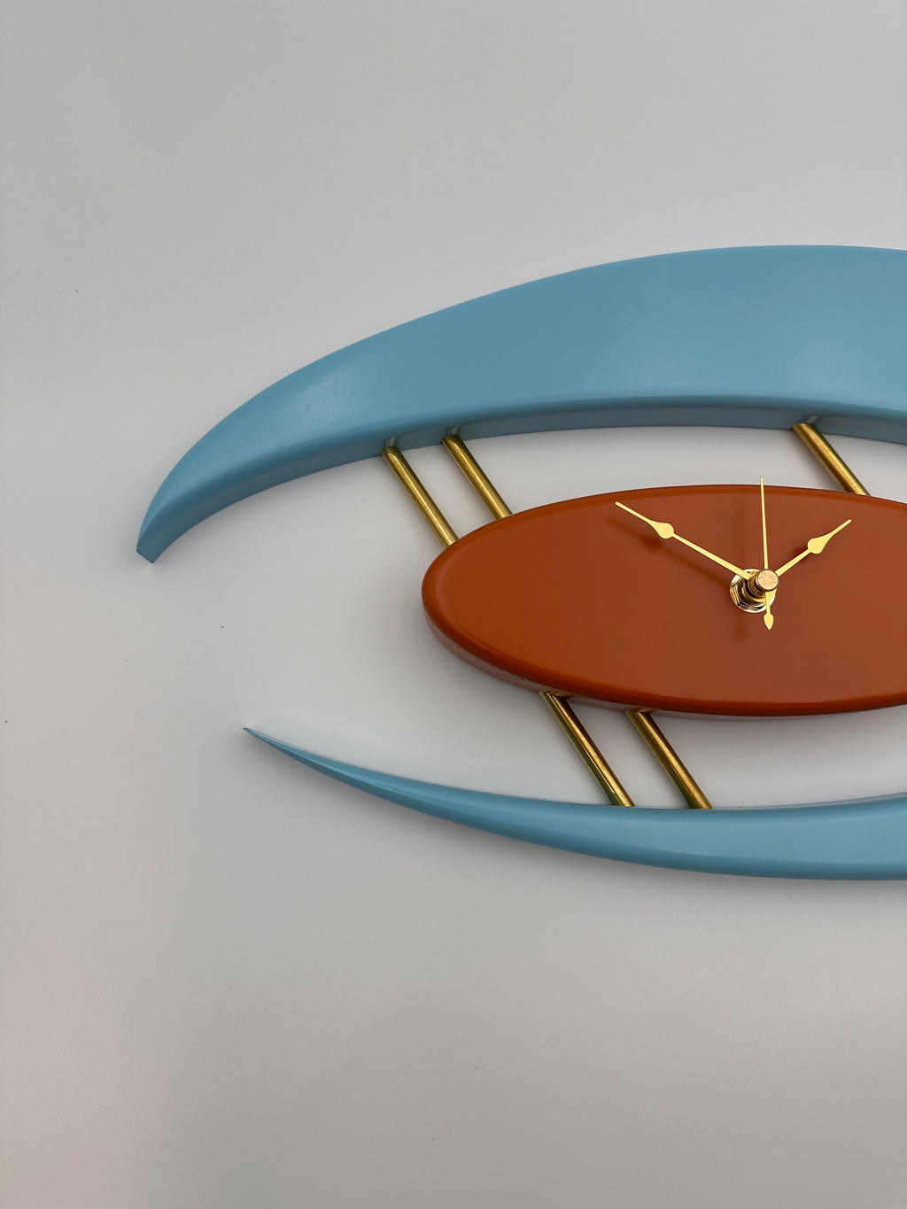 MCM Atomic Boomerang Clock Custom Hand Made Poplar, Sky Blue and Burnt Orange